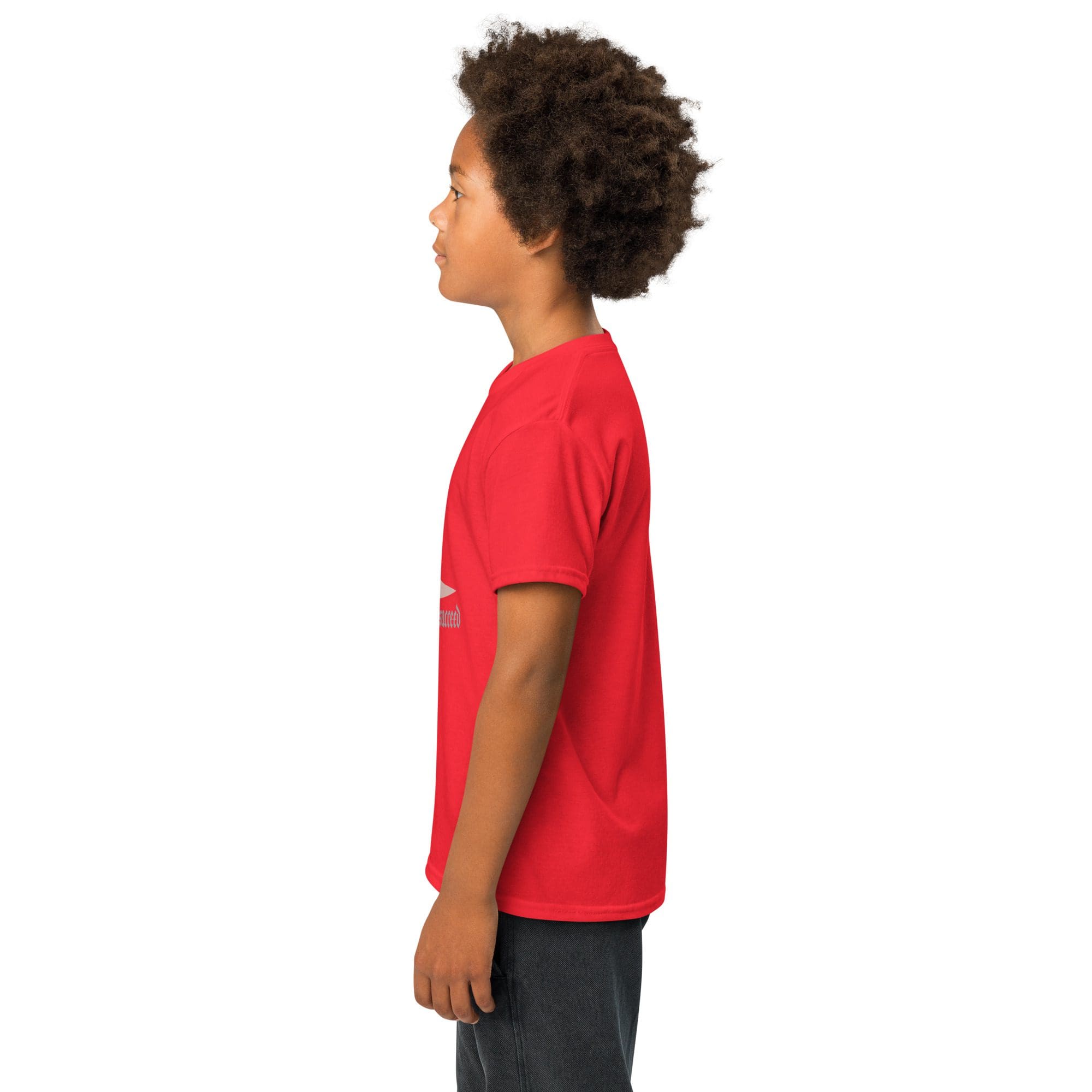 Child in red shirt, side profile view.