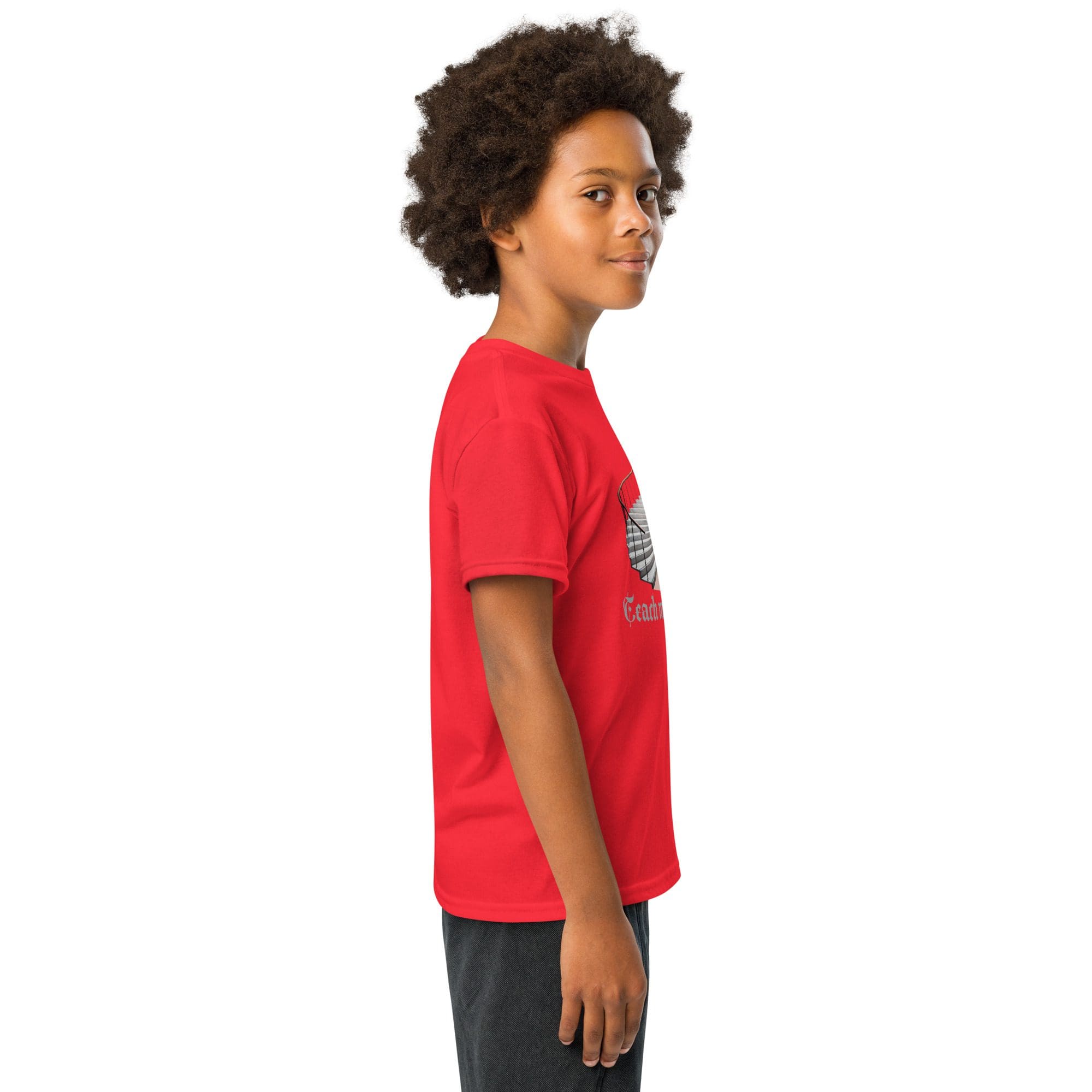 Boy in red shirt, side profile view.