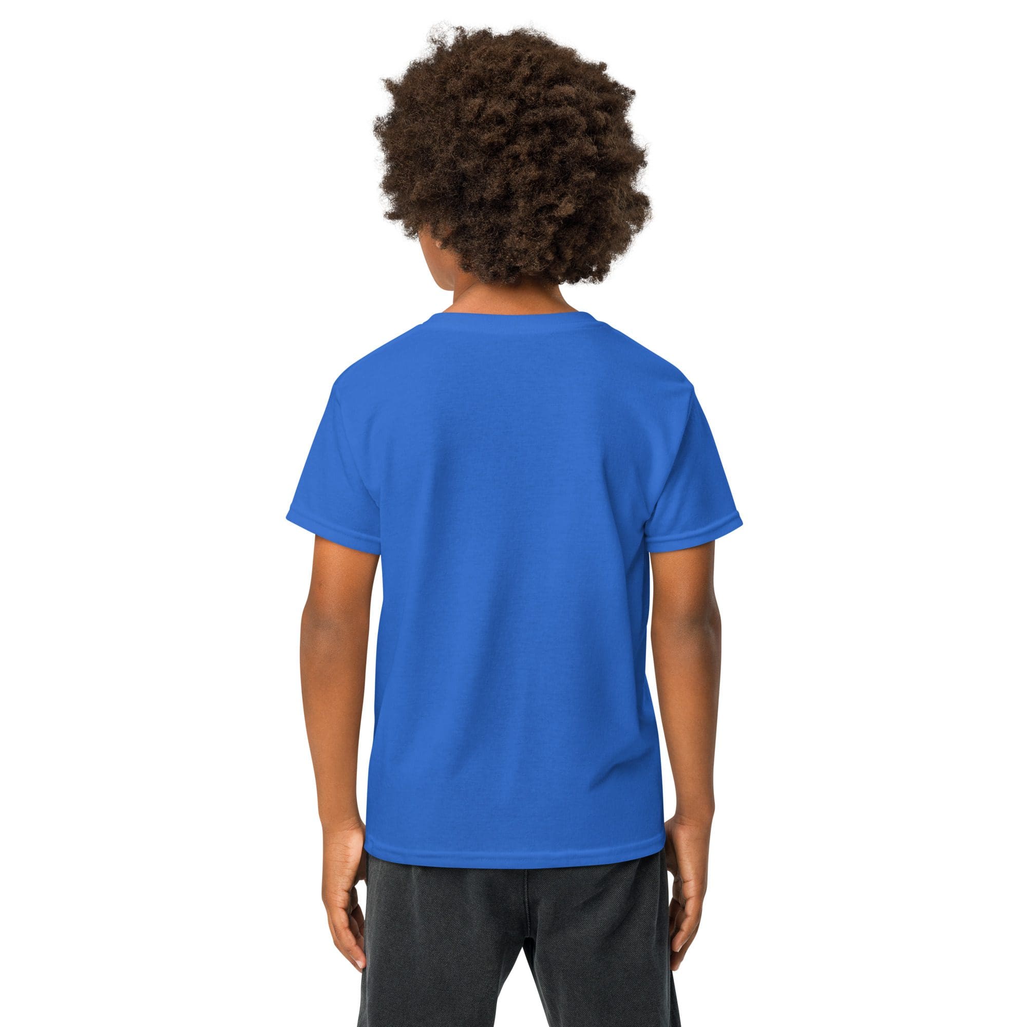 Child in blue shirt, facing away.