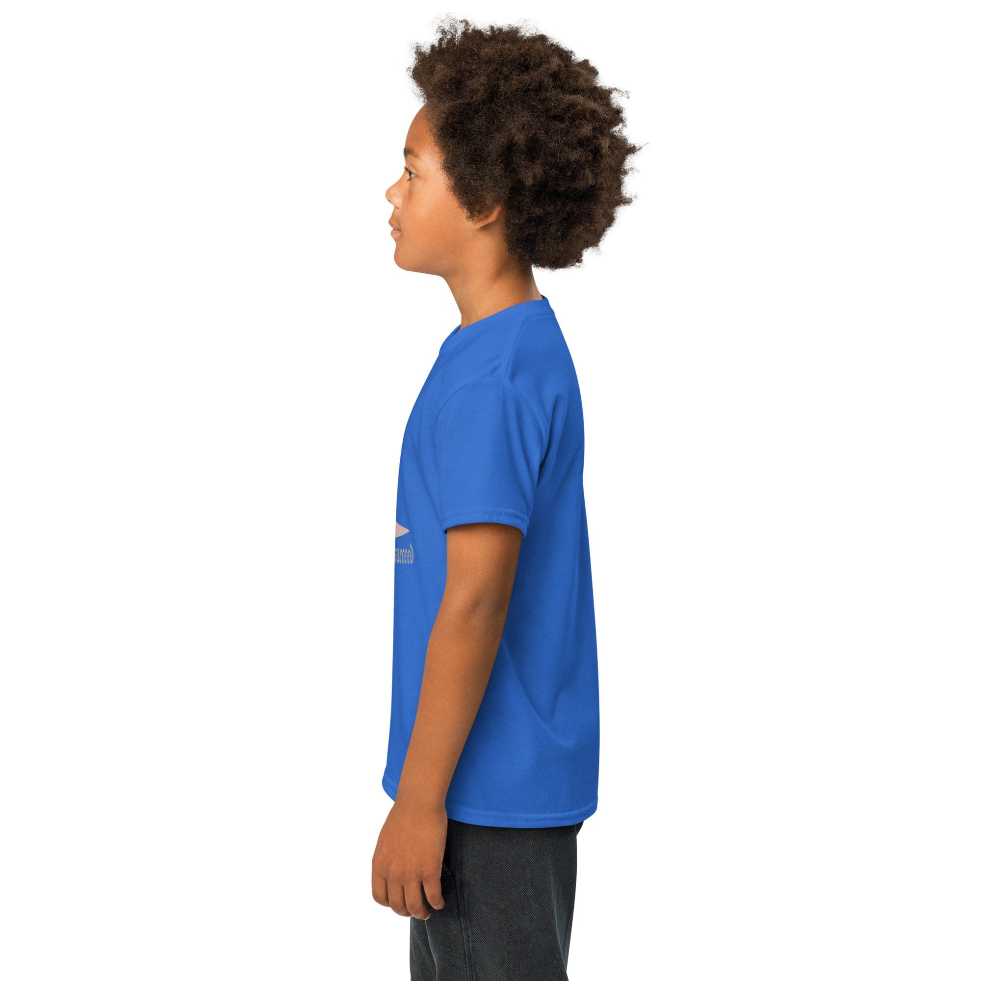 Child in blue shirt, side profile view.