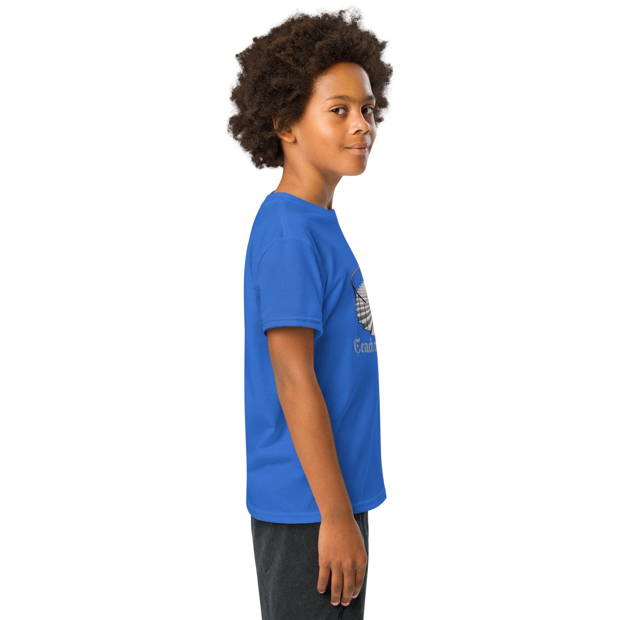Young boy in blue shirt, side view.