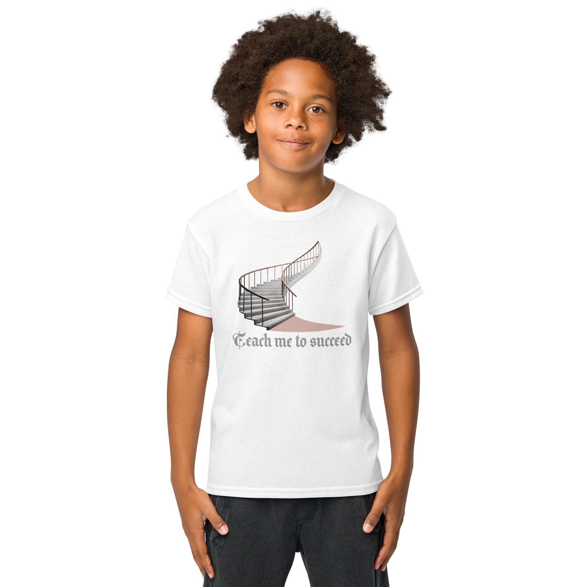 Boy wearing t-shirt with spiral staircase graphic