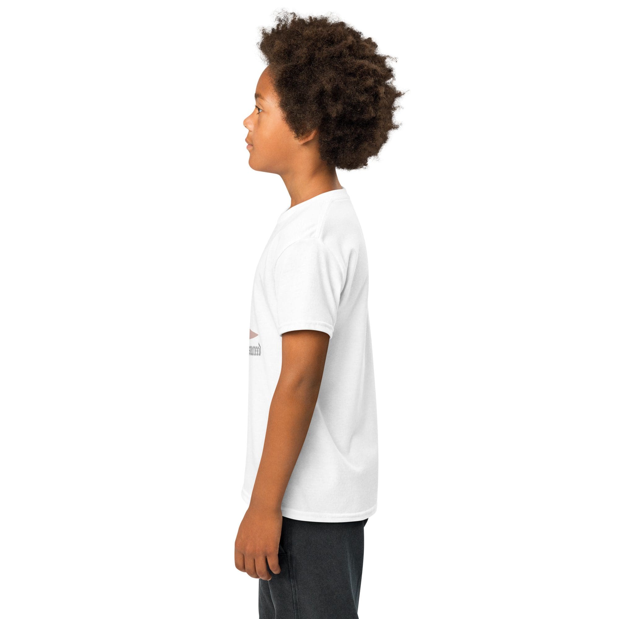 Child in white shirt, side profile view.