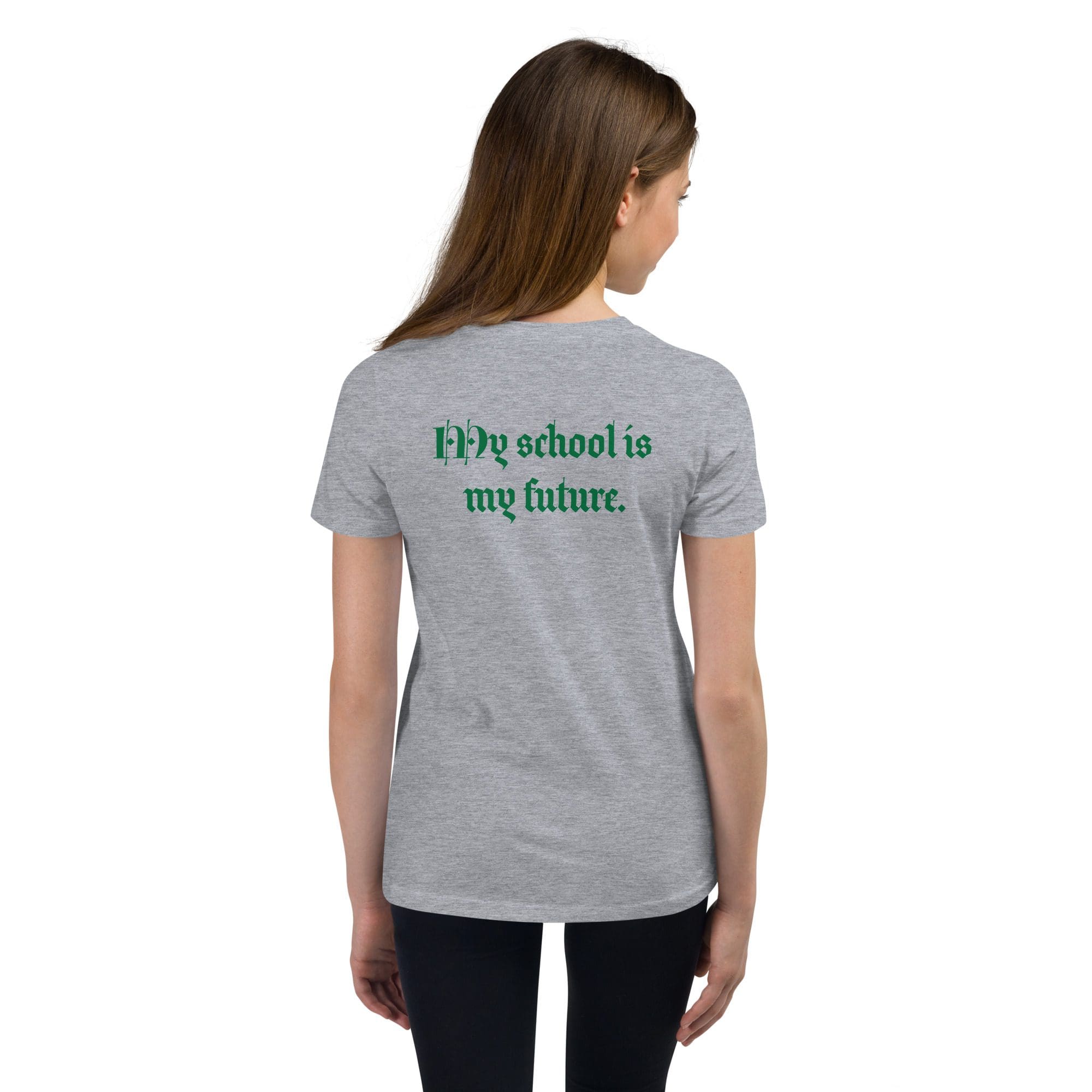 Woman wearing a "My school is my future" shirt.