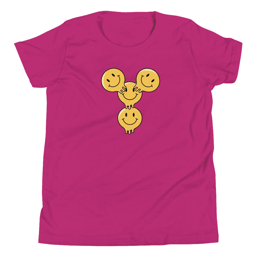Pink shirt with three smiling faces design.