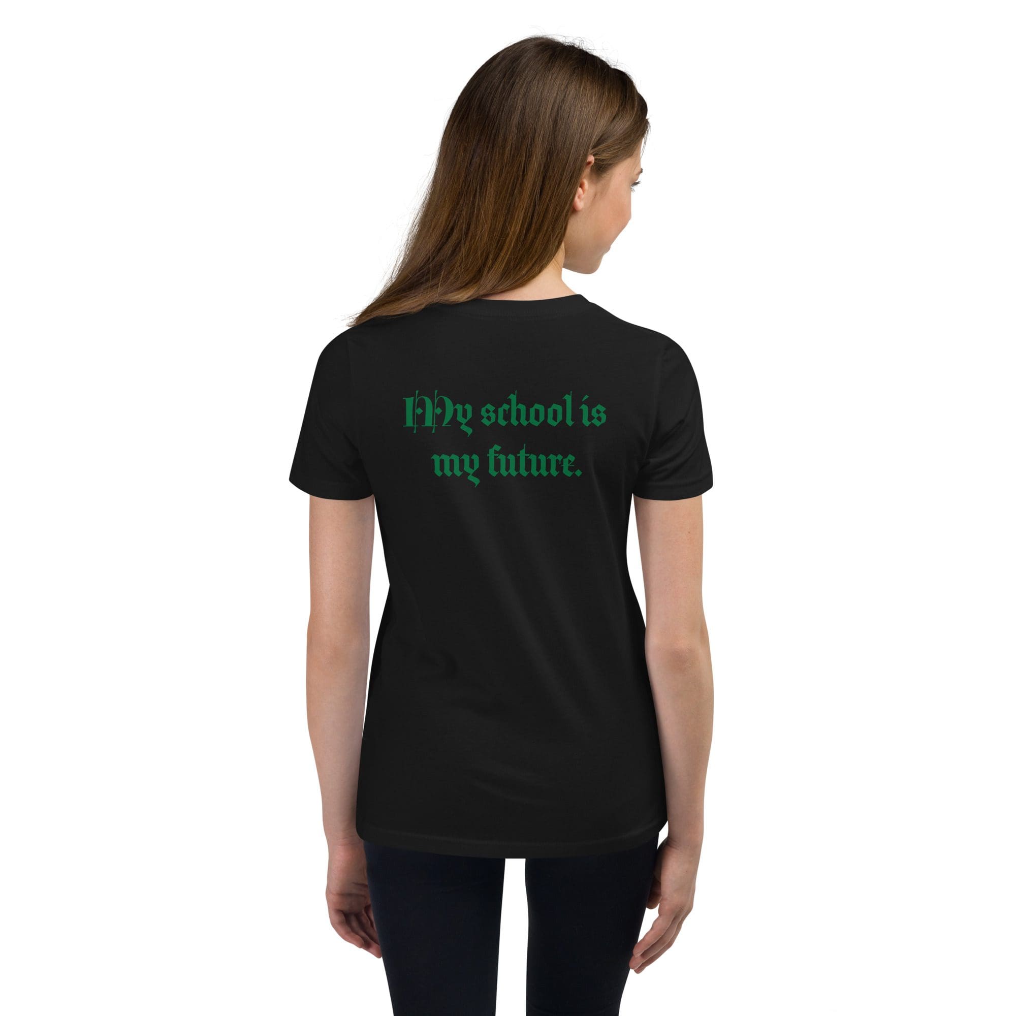 Girl wearing "My school is my future" shirt.