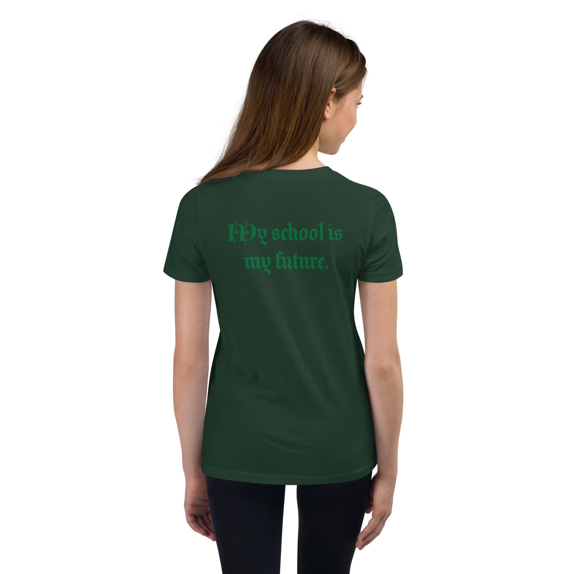 Back-facing woman in green tee, school slogan