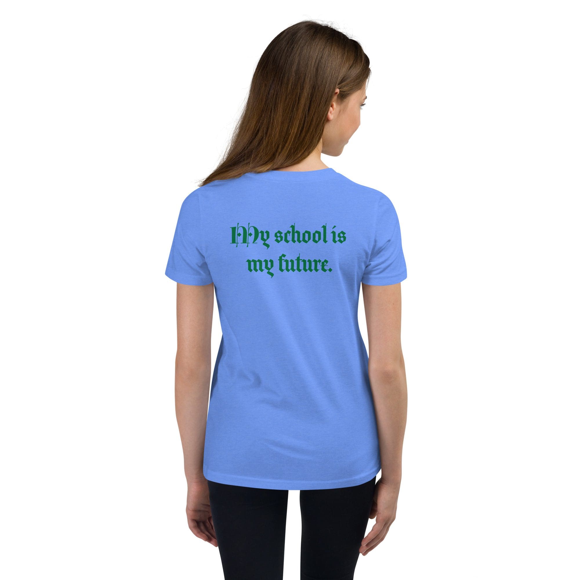 Girl in blue shirt with green text.