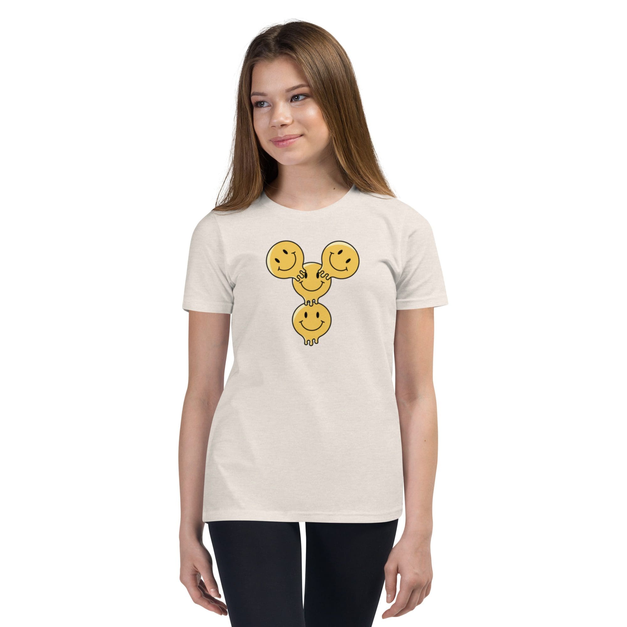 Woman in cream t-shirt with three smileys