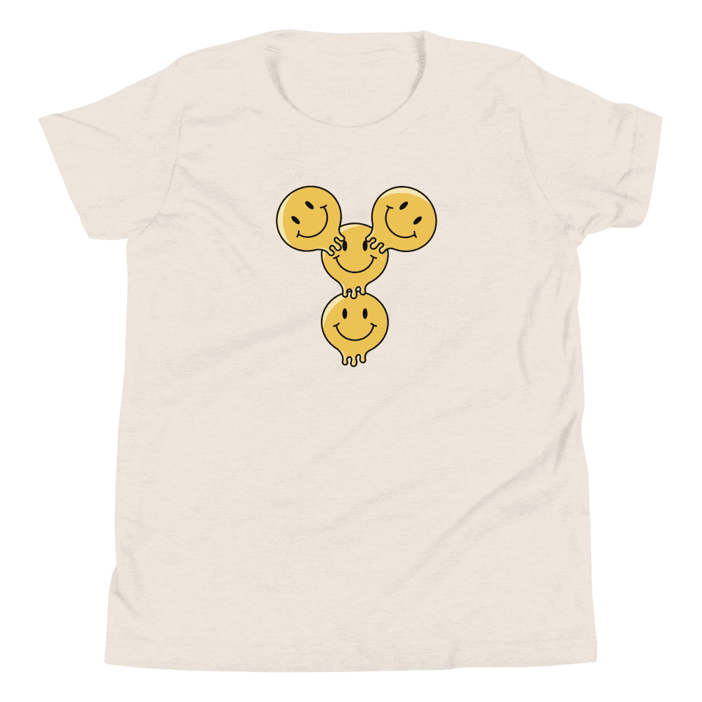 White t-shirt with smiling face design.