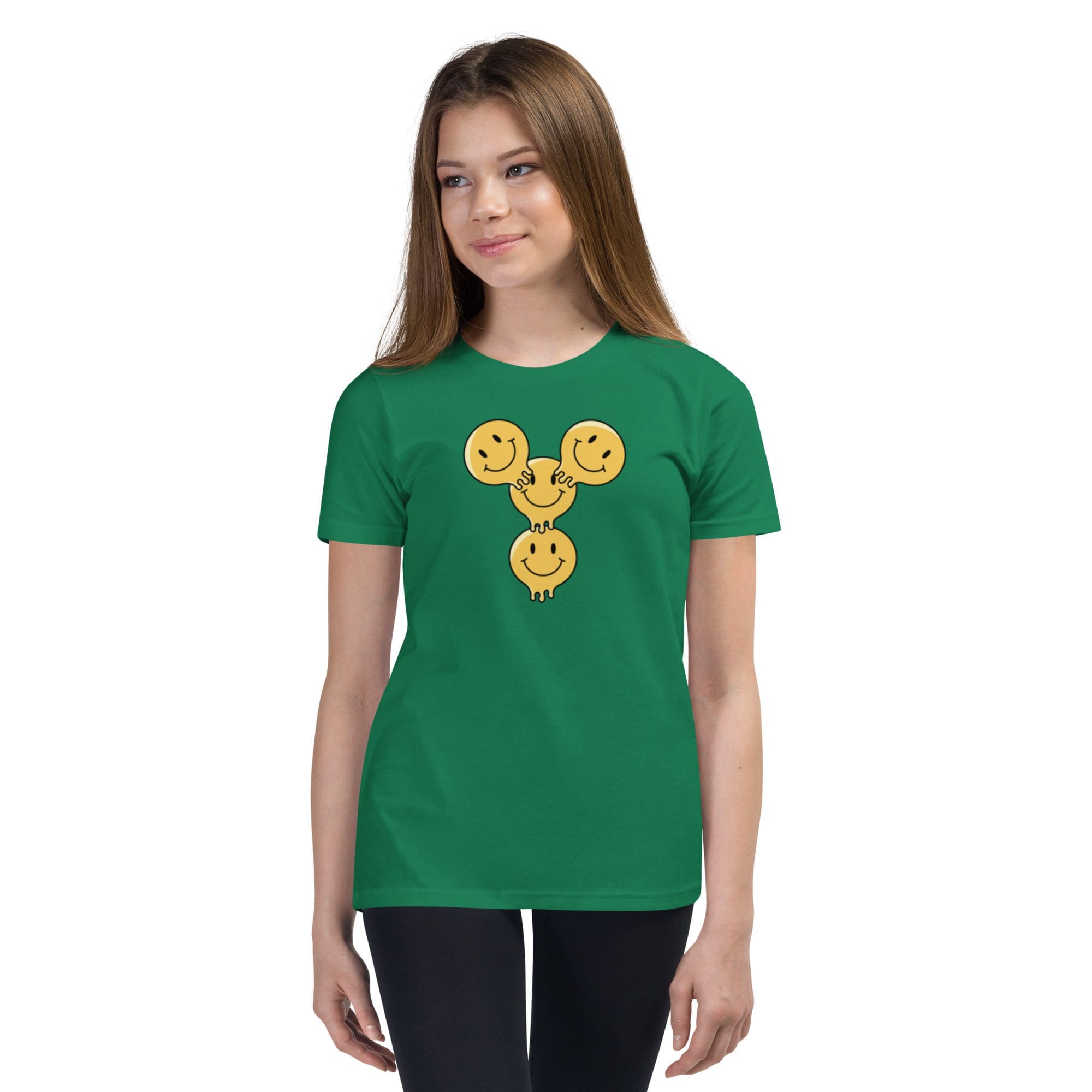 Young woman wearing green tee with three smileys