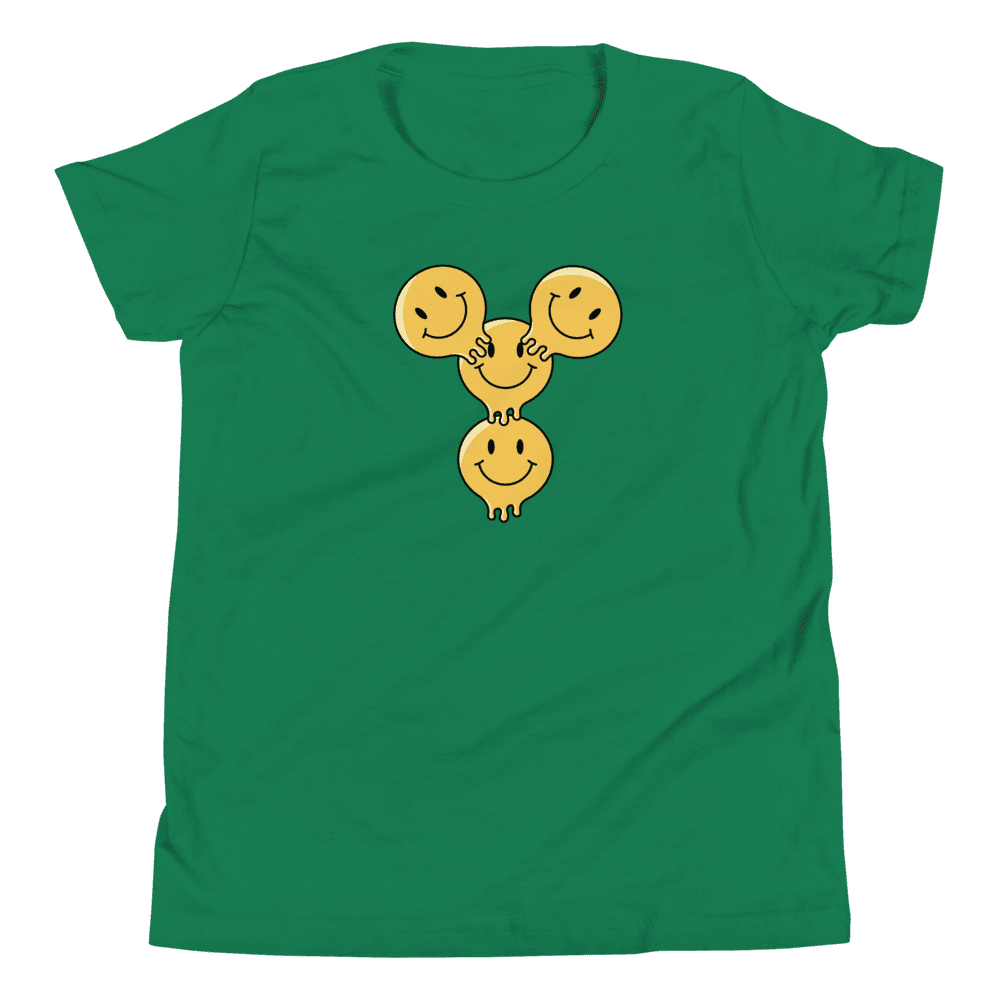 Green t-shirt with smiling orange circles.