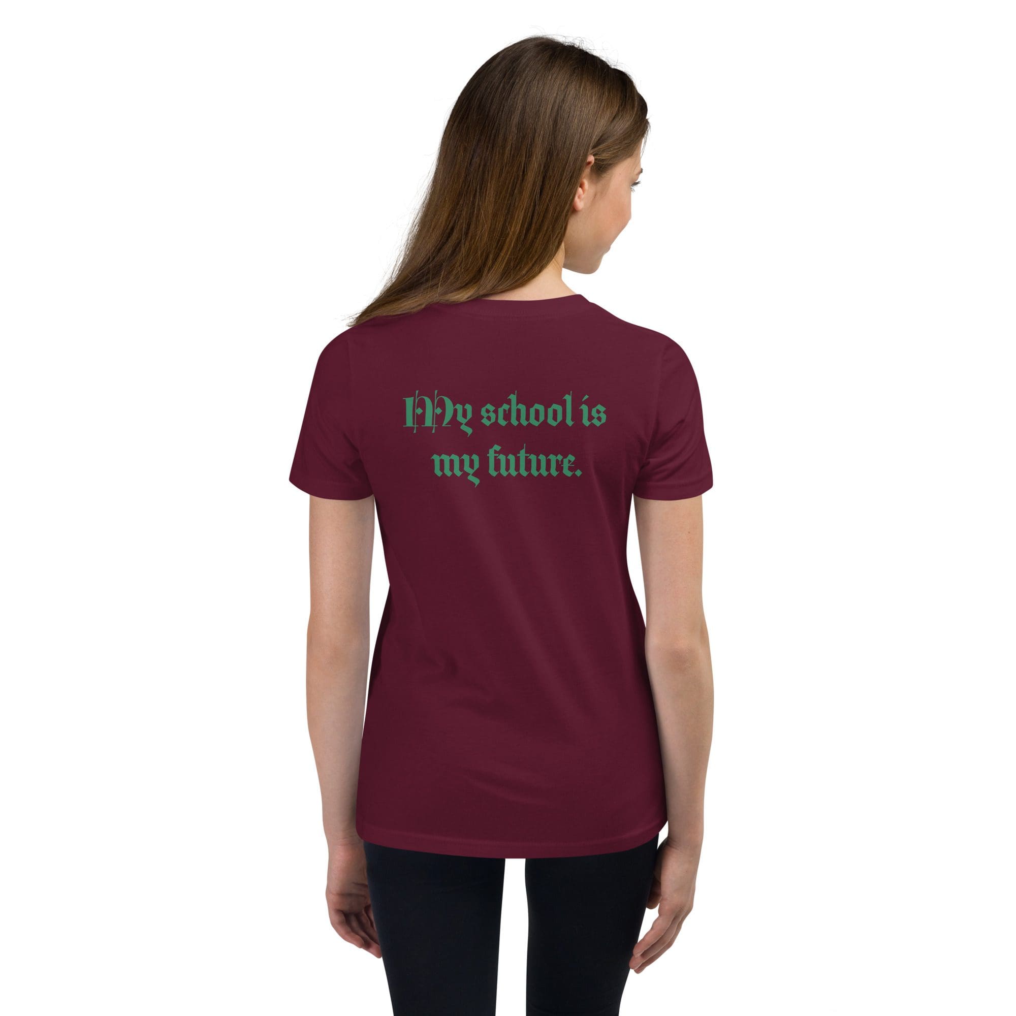 Girl wearing "Fly school is my future" shirt.