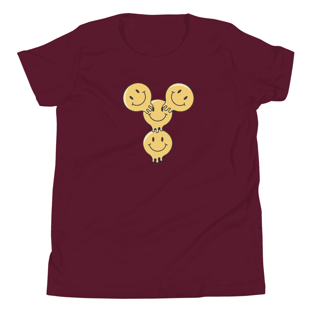 Smiley faces on maroon T-shirt design.