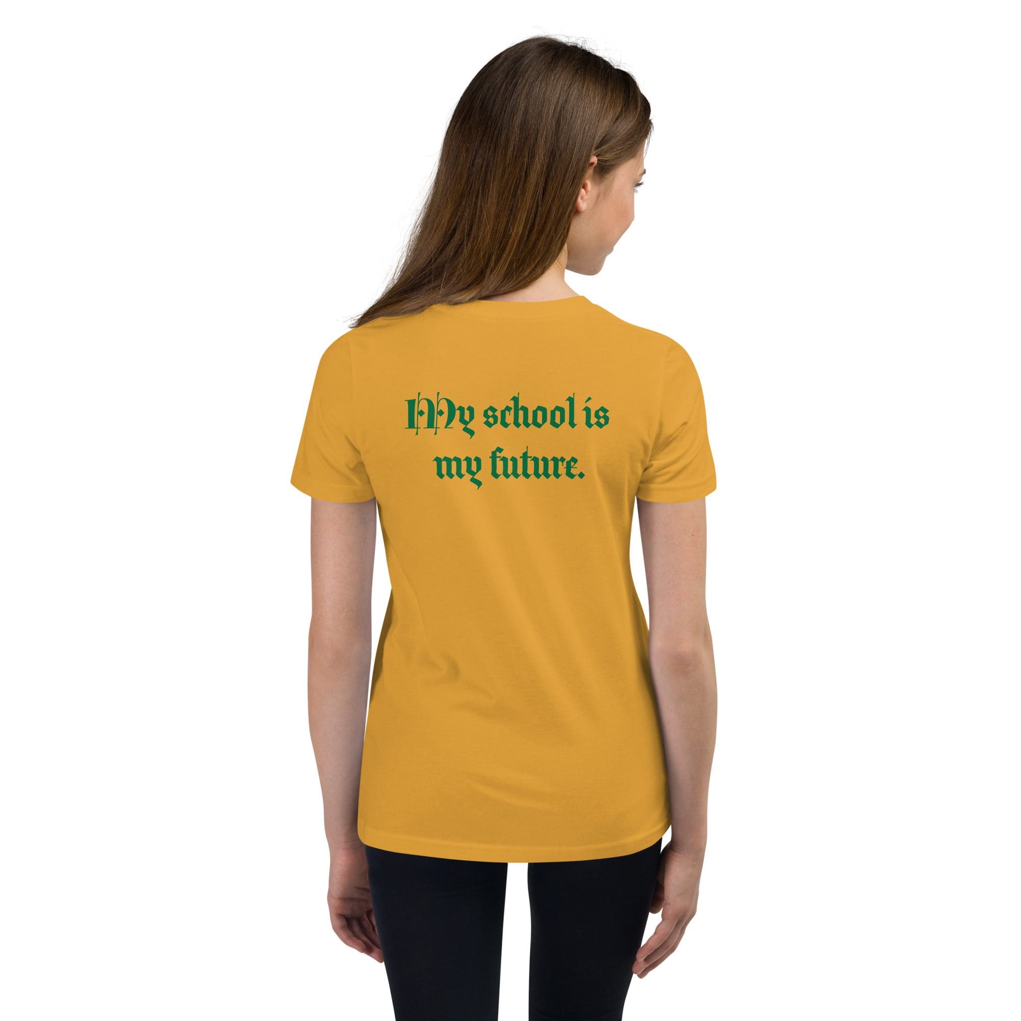 Woman wearing shirt with educational slogan.