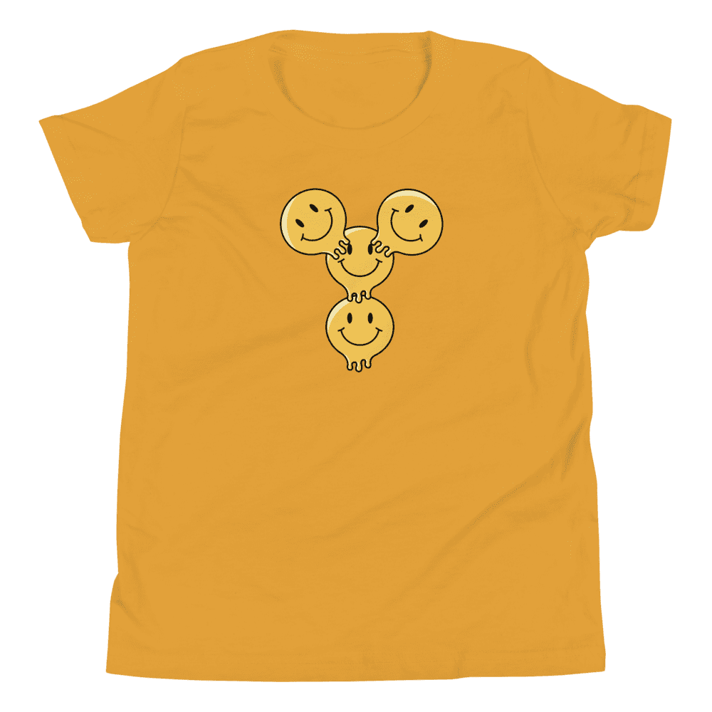 Yellow shirt with three smiling faces design.