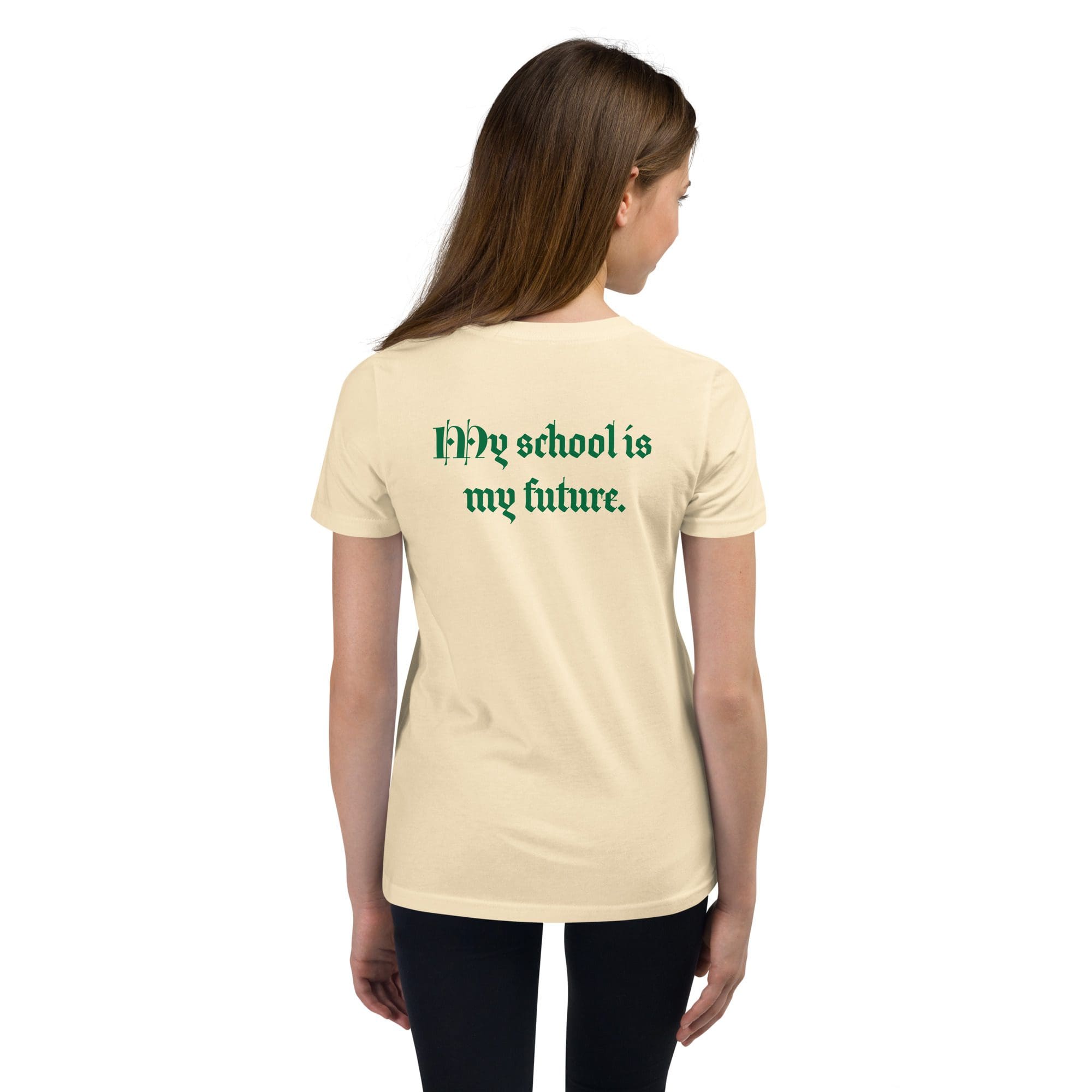 Woman wearing shirt with school slogan.