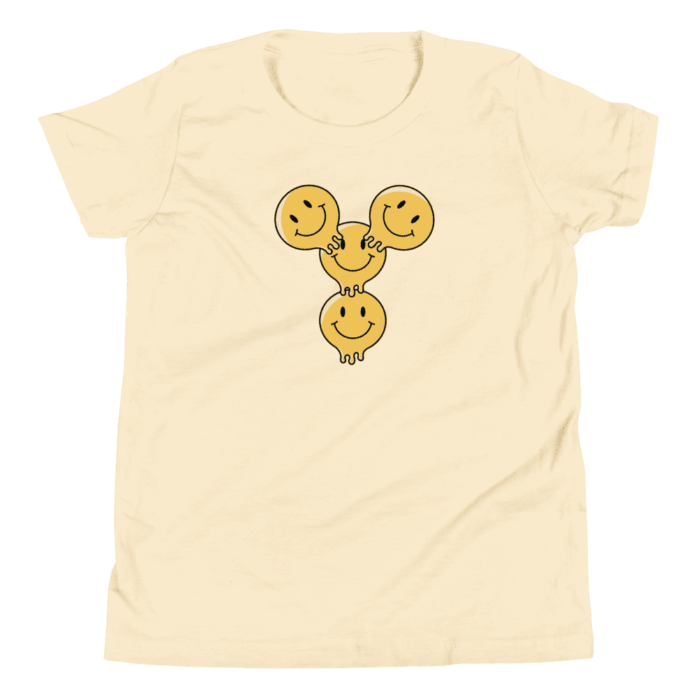 T-shirt with three smiling faces design.