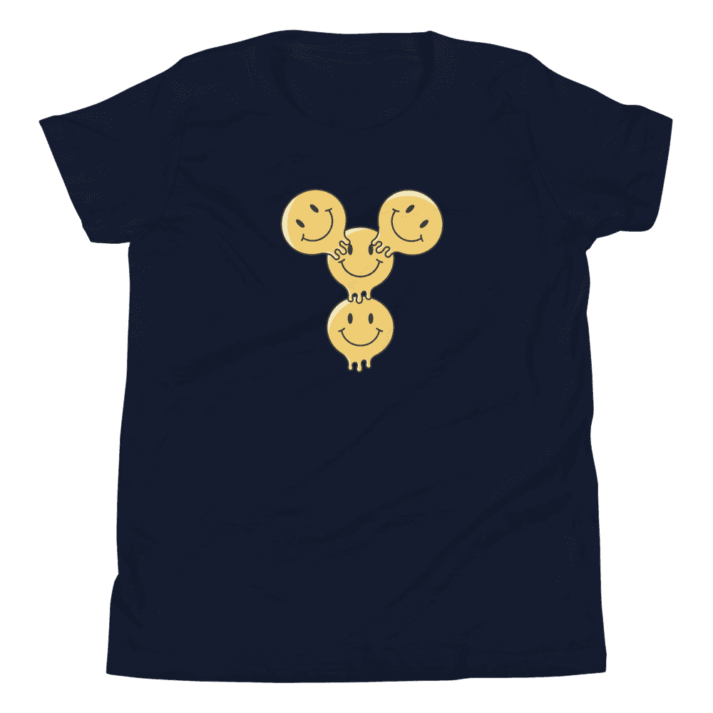 Navy shirt with three smiling faces design.