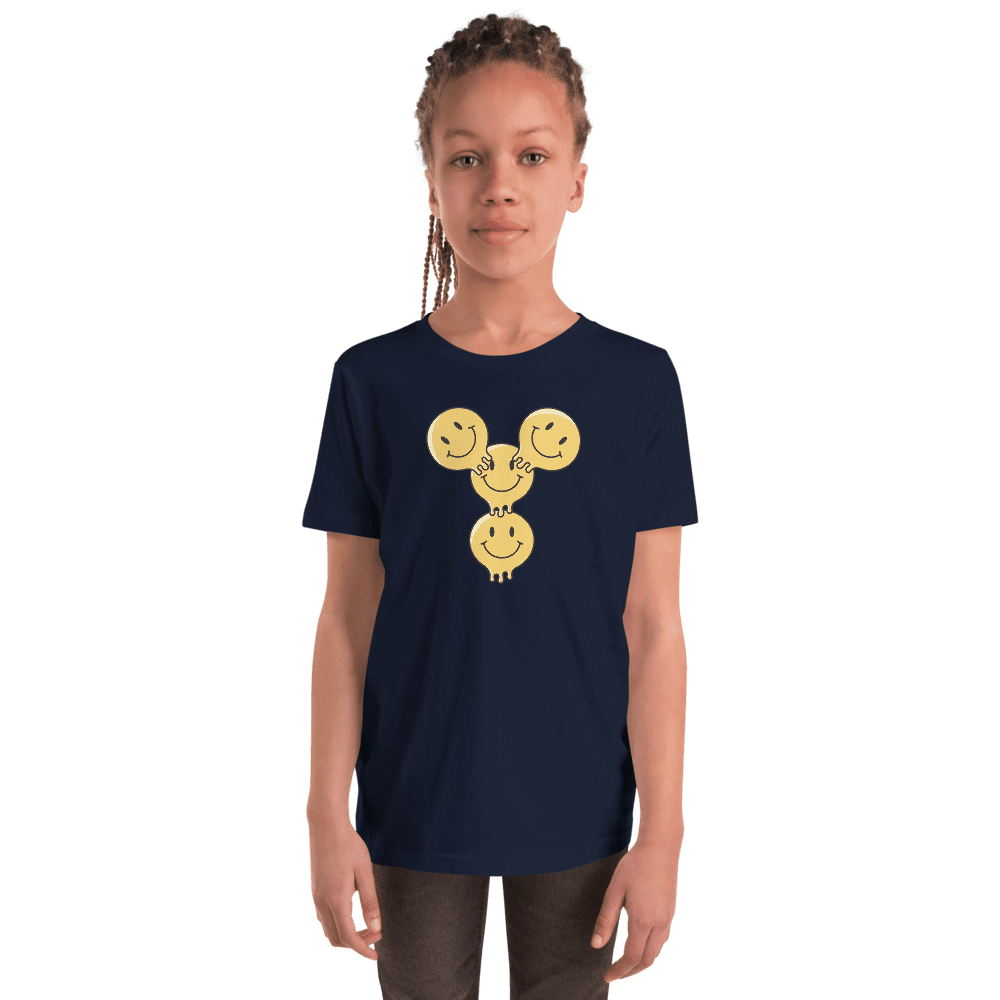 Navy t-shirt with three connected smiley faces