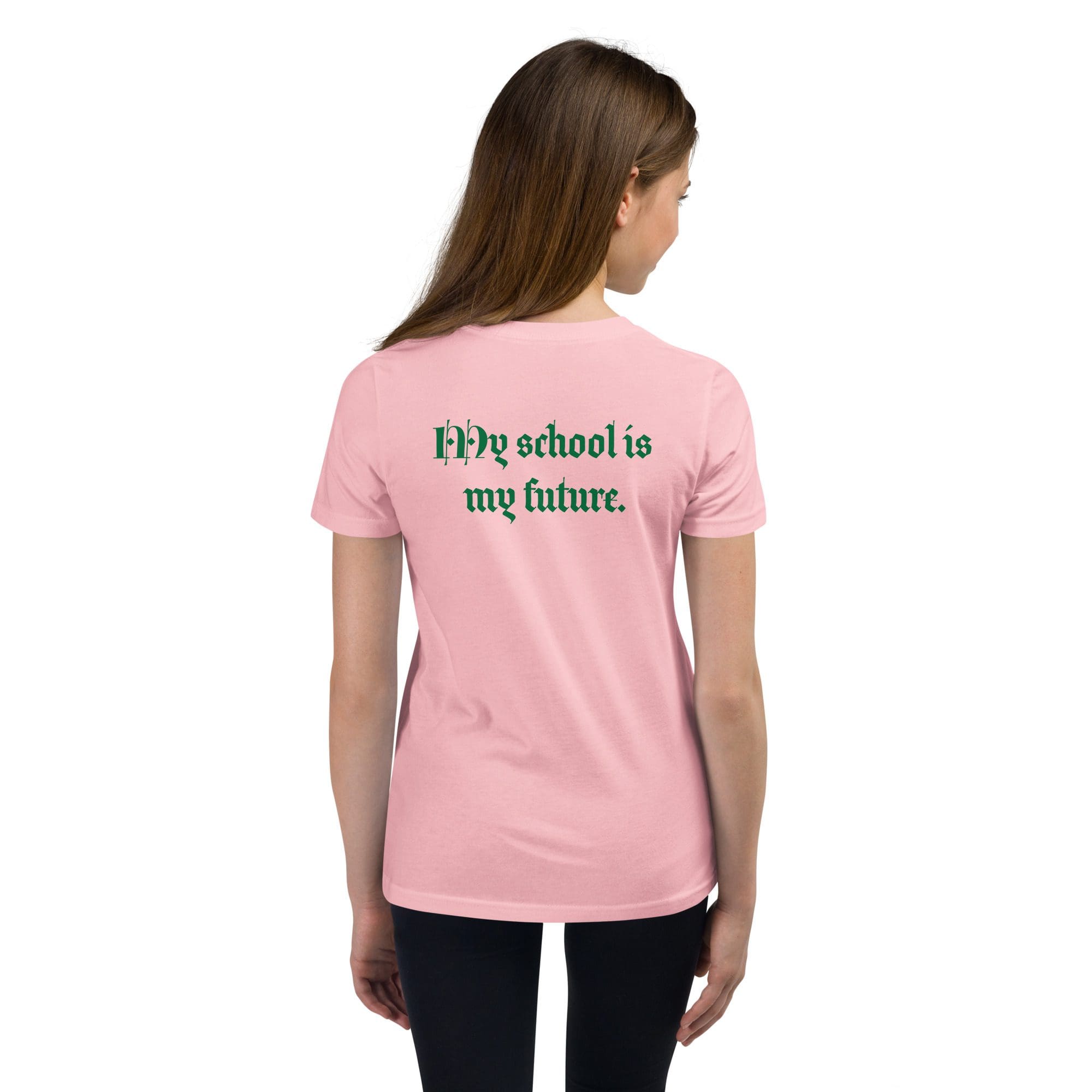 Woman wearing "My school is my future" shirt.