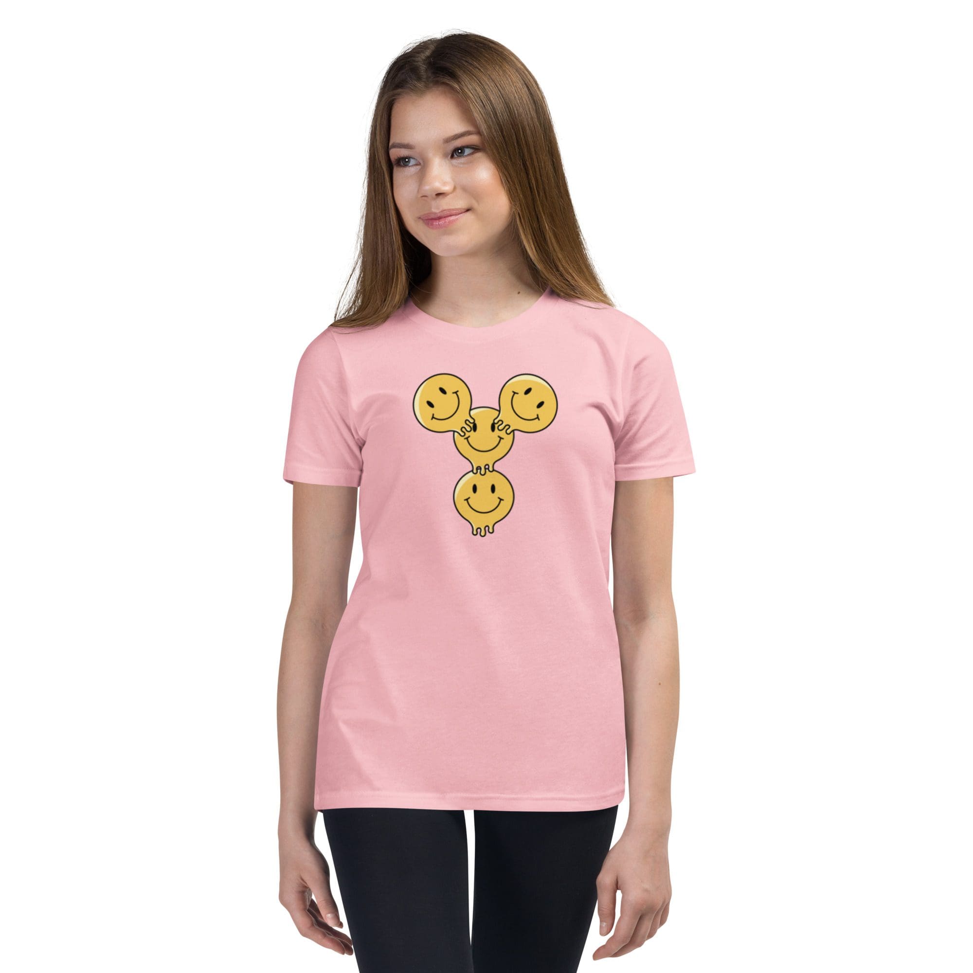Person wearing pink t-shirt with three smiley faces