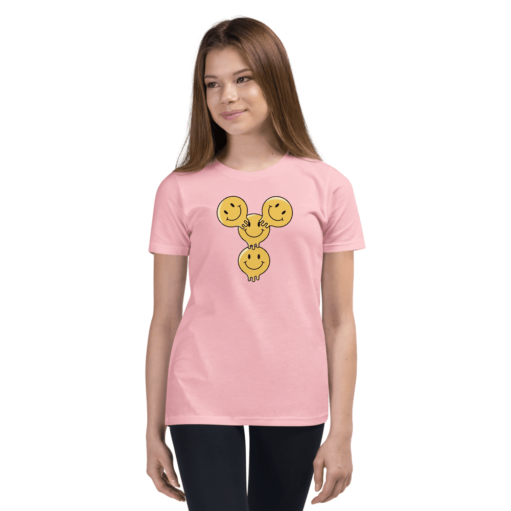 Smiley trio graphic on pink t-shirt