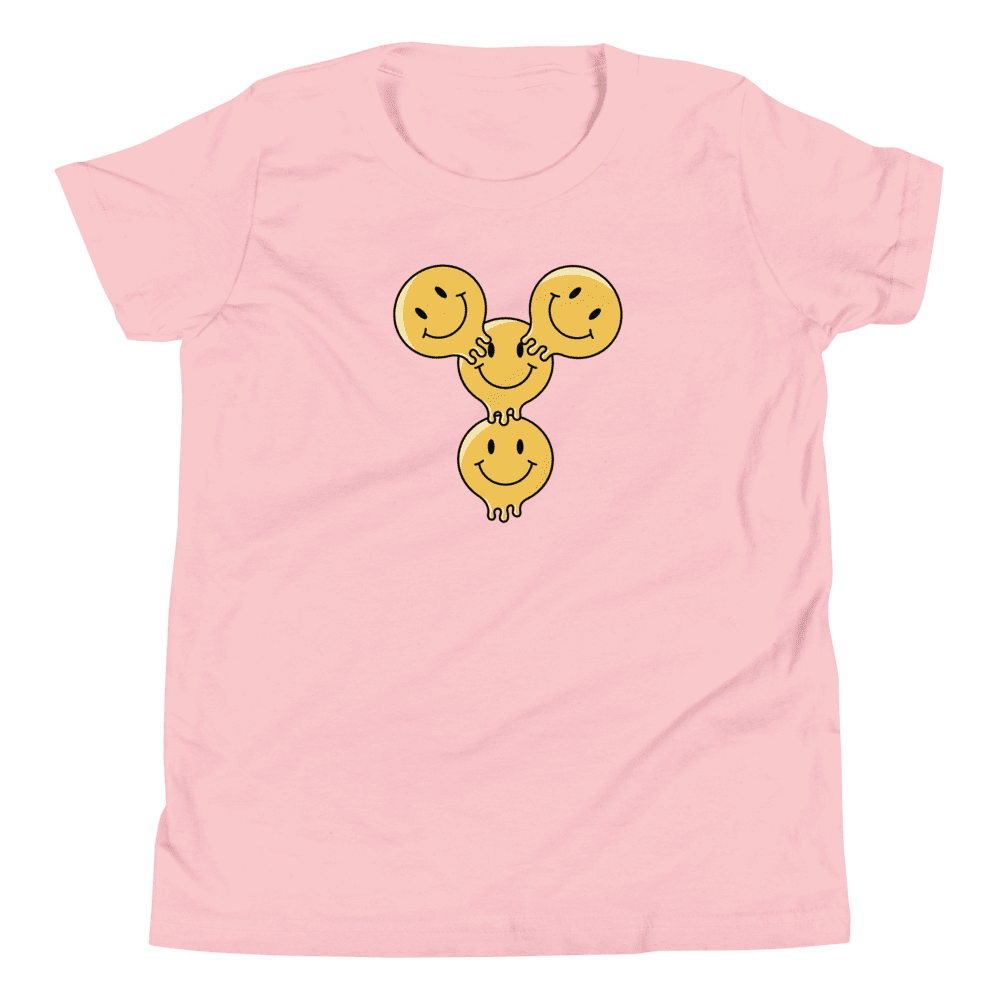 Pink t-shirt with three melting smiley faces