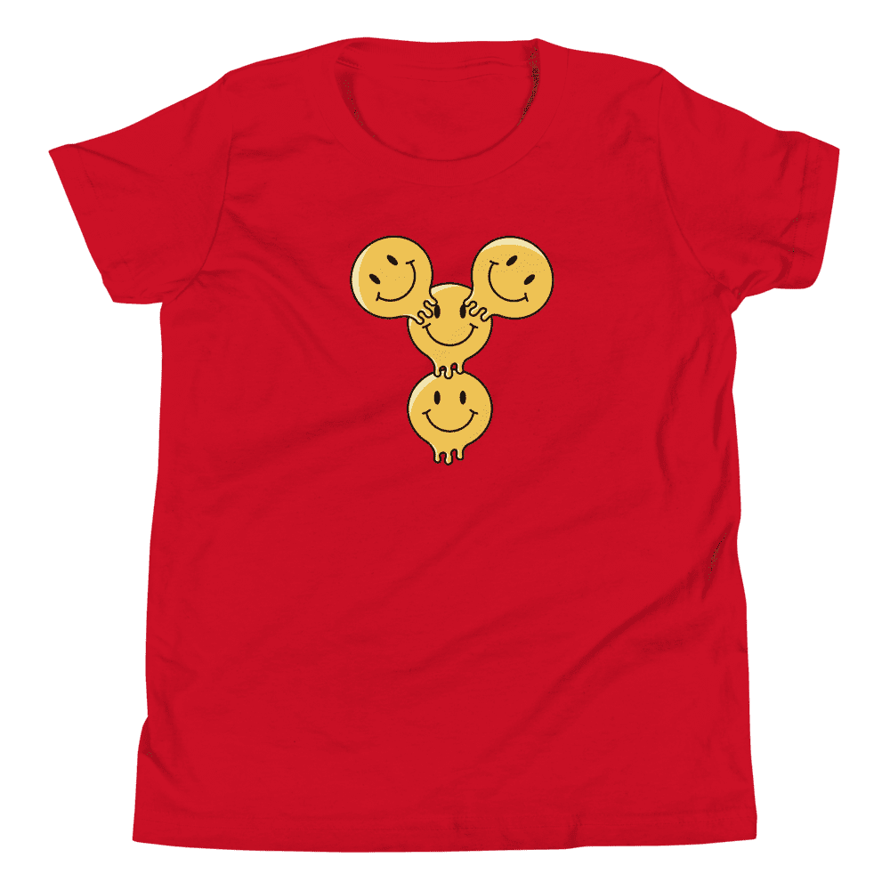 Red shirt with smiling yellow faces design.