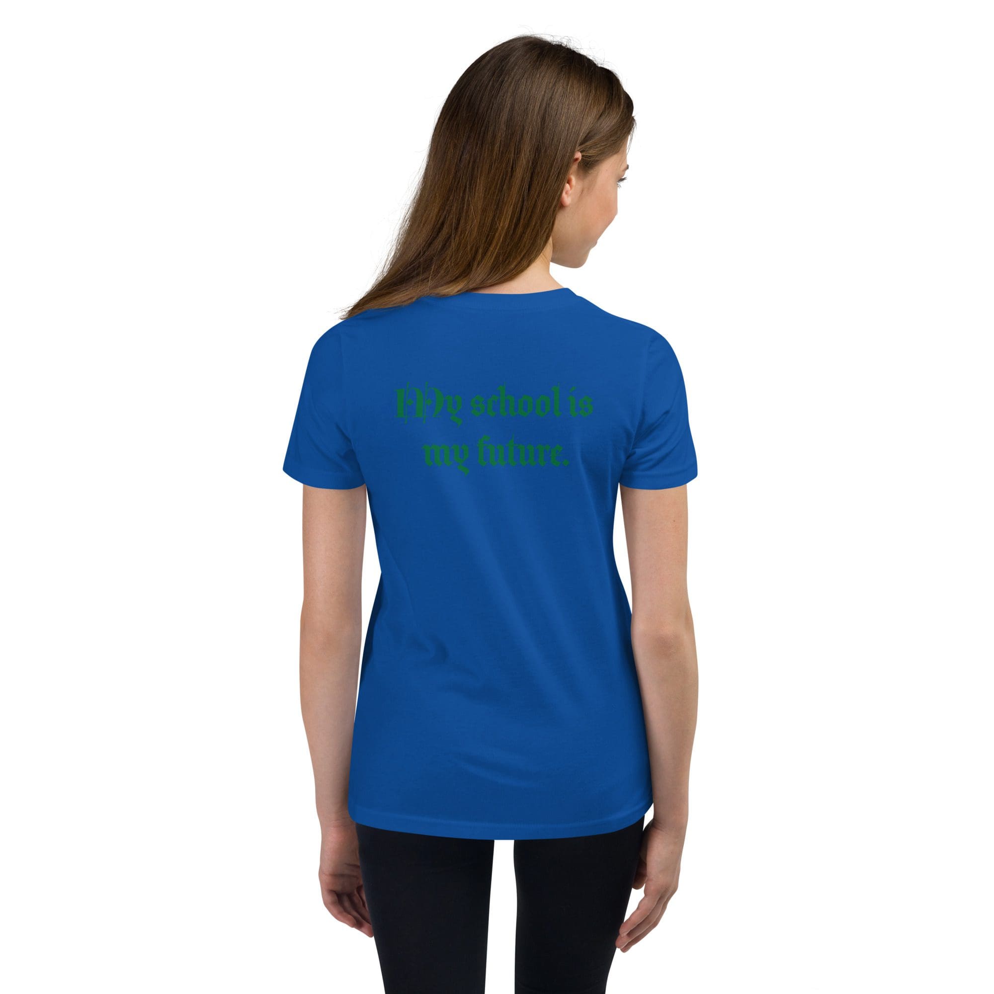 Girl wearing blue t-shirt with text.