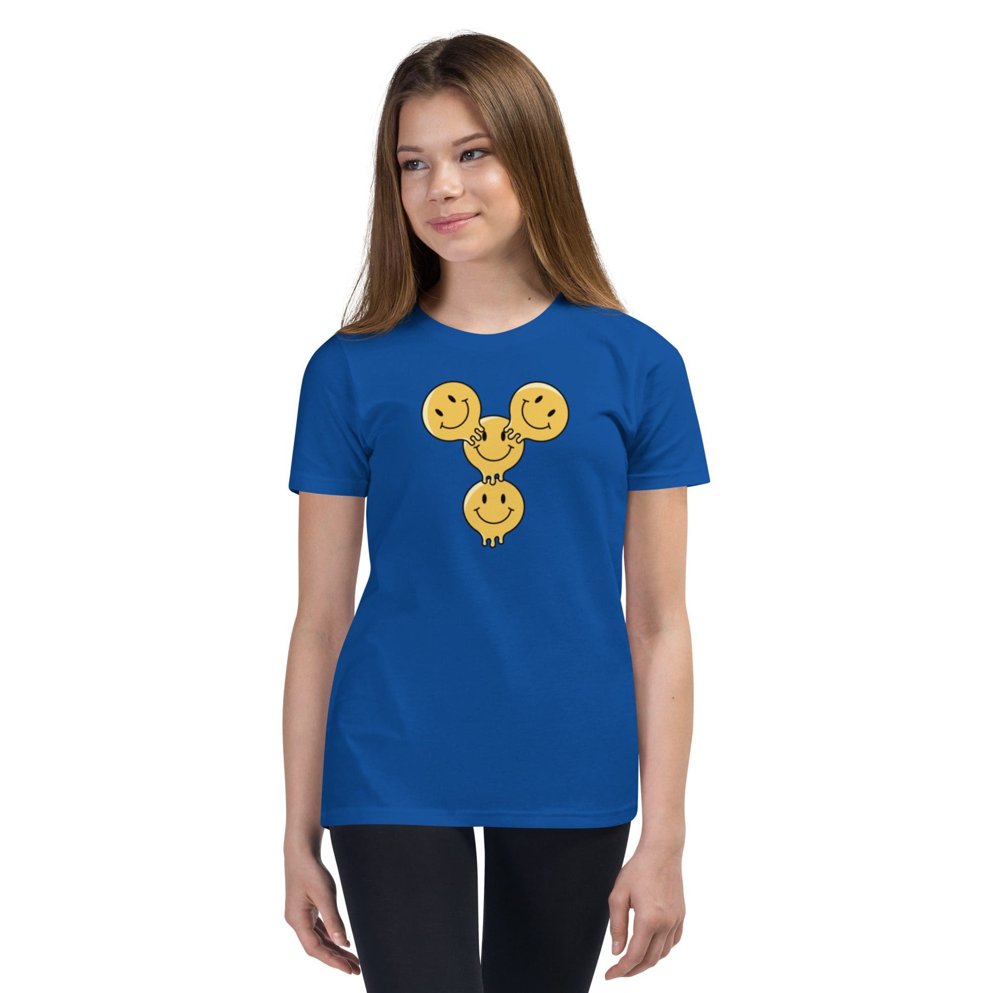 Girl wearing blue smiley face t-shirt.