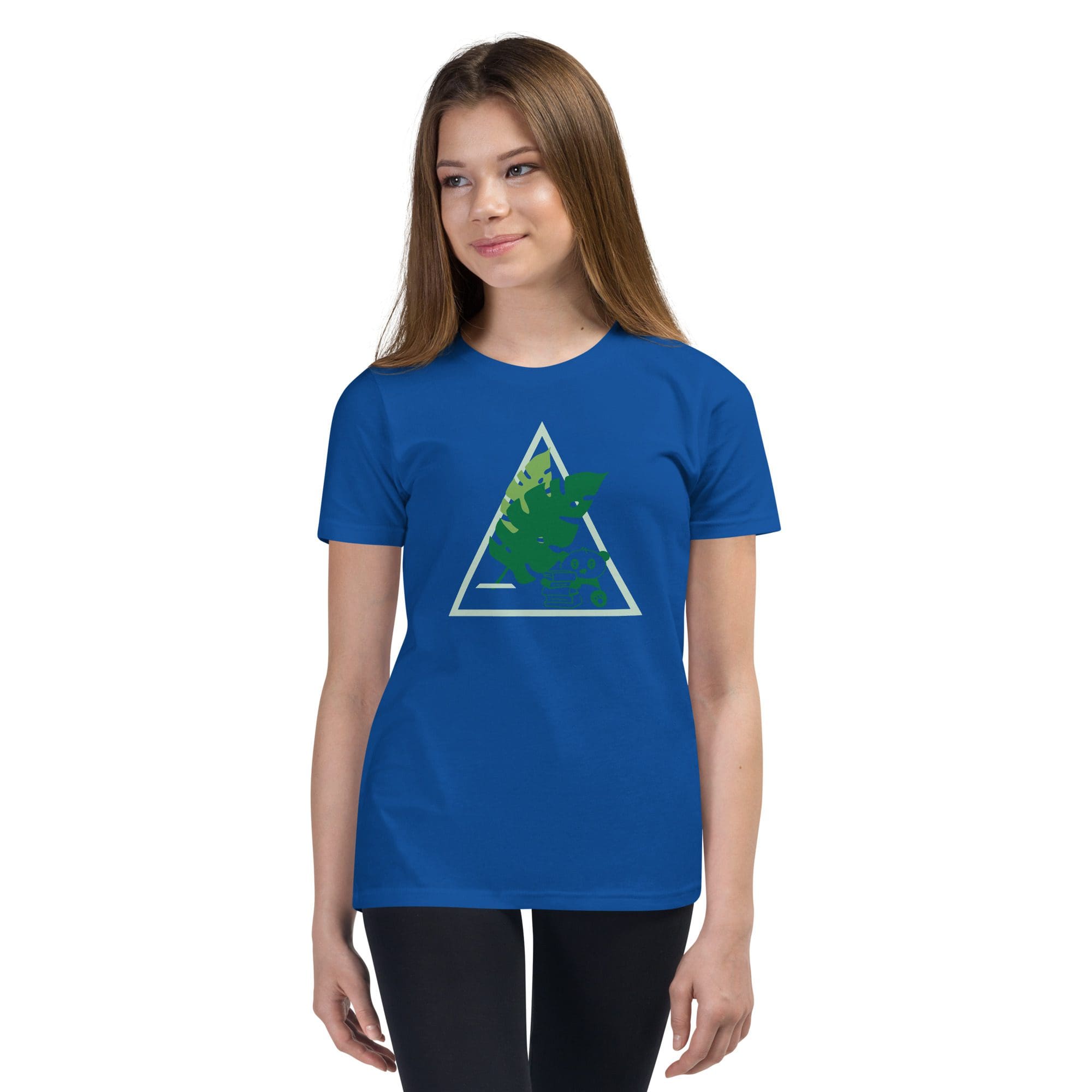 Girl wearing blue t-shirt with triangle design.