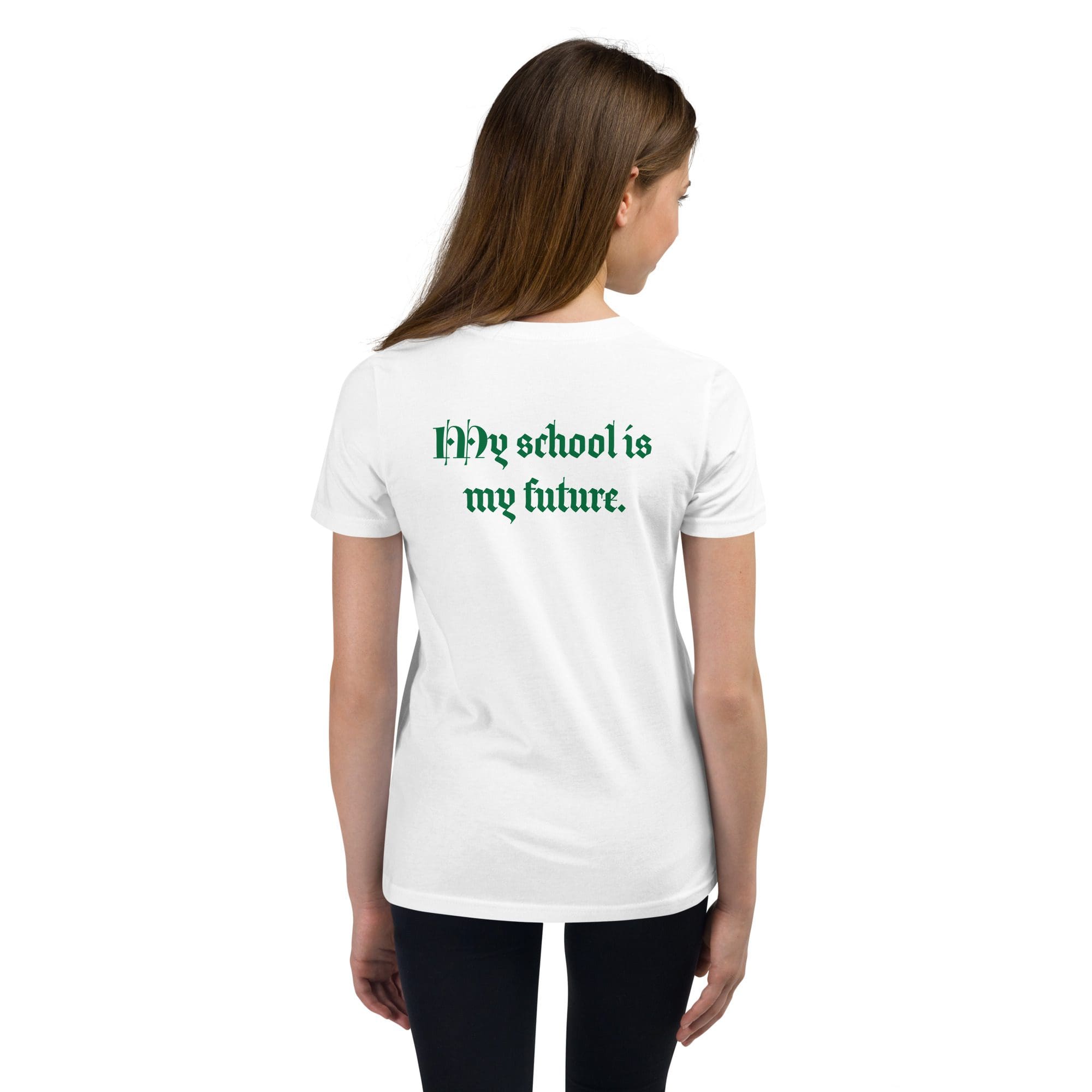 Young woman wearing white t-shirt with green text