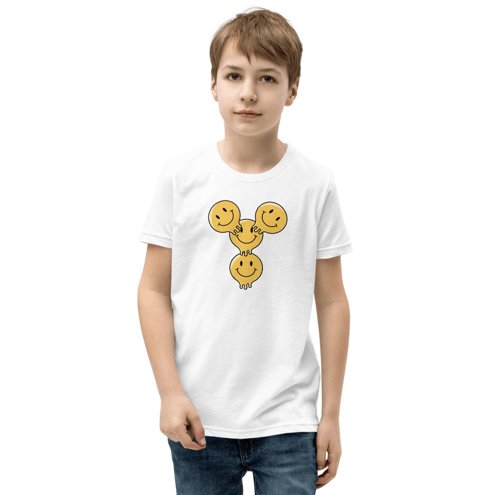 Boy wearing white t-shirt with three smileys