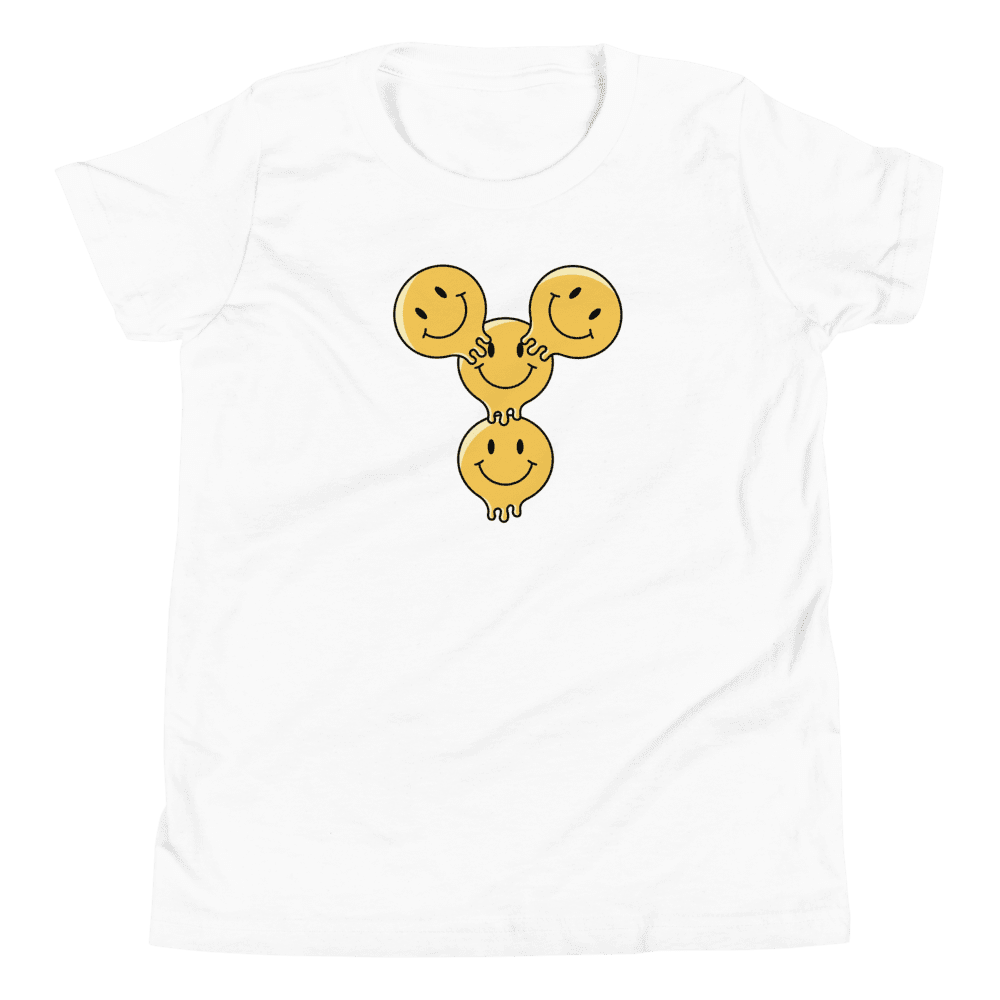 White shirt with three smiling emoji design.