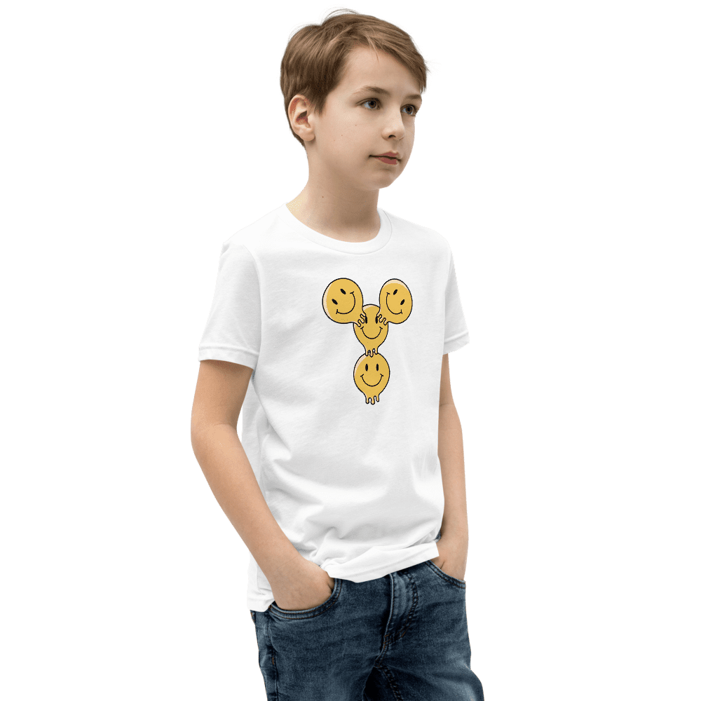 Boy wearing smiley face balloon shirt.