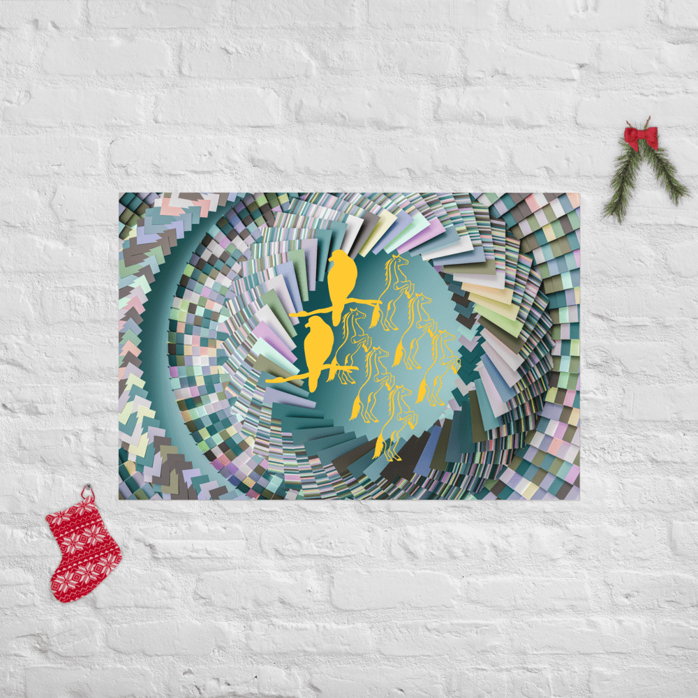Abstract art with birds on colorful background.