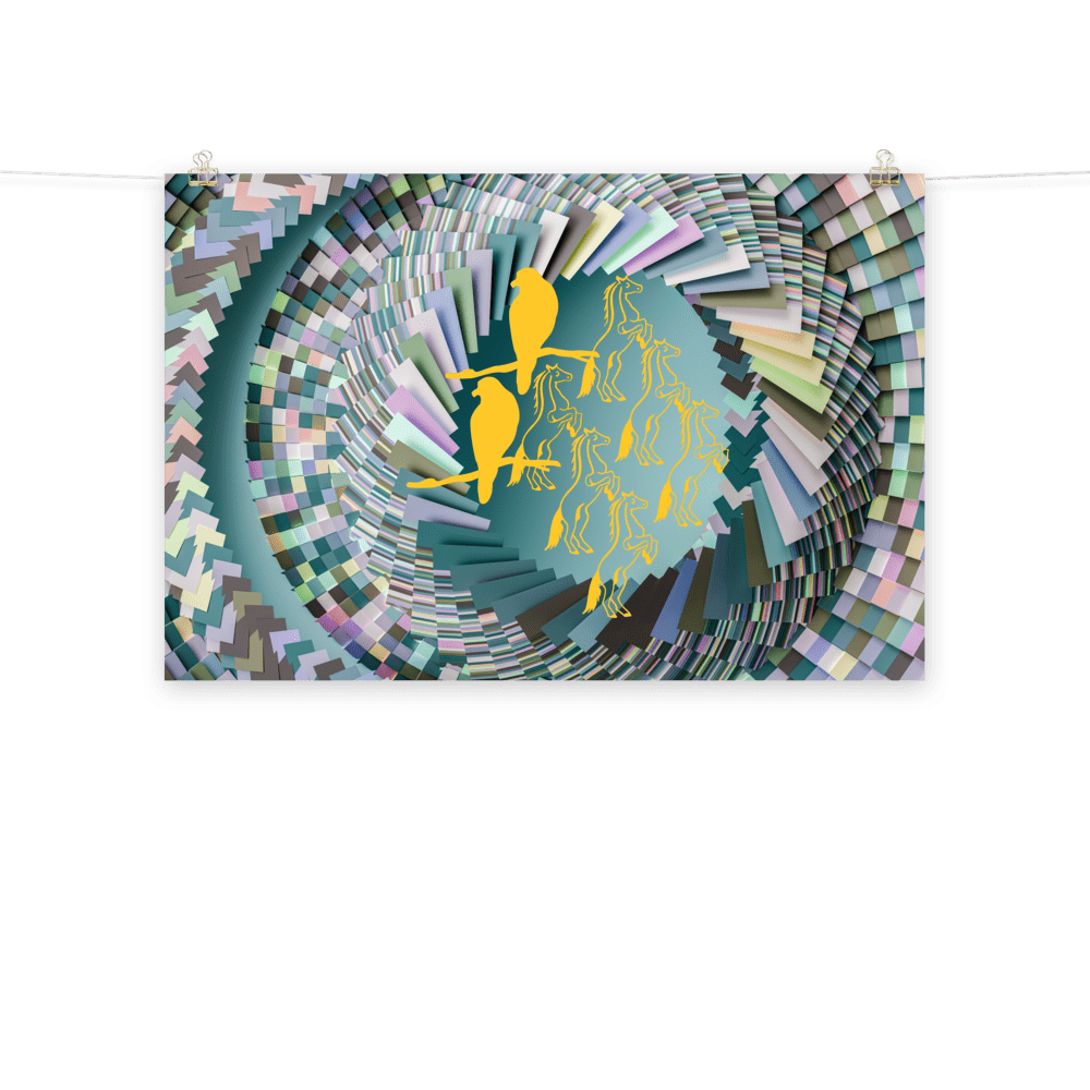 Abstract spiral pattern with yellow birds.