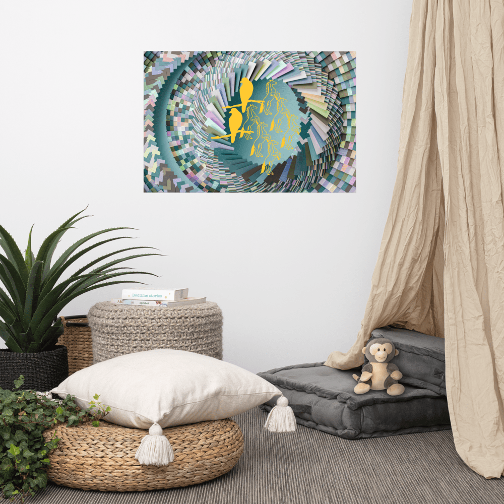 Cozy room with abstract wall art.