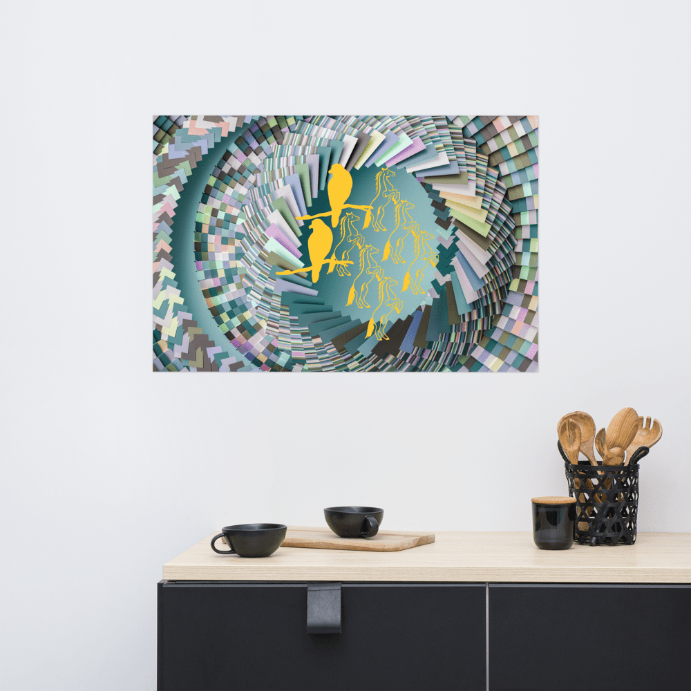 Abstract artwork with colorful geometric patterns.