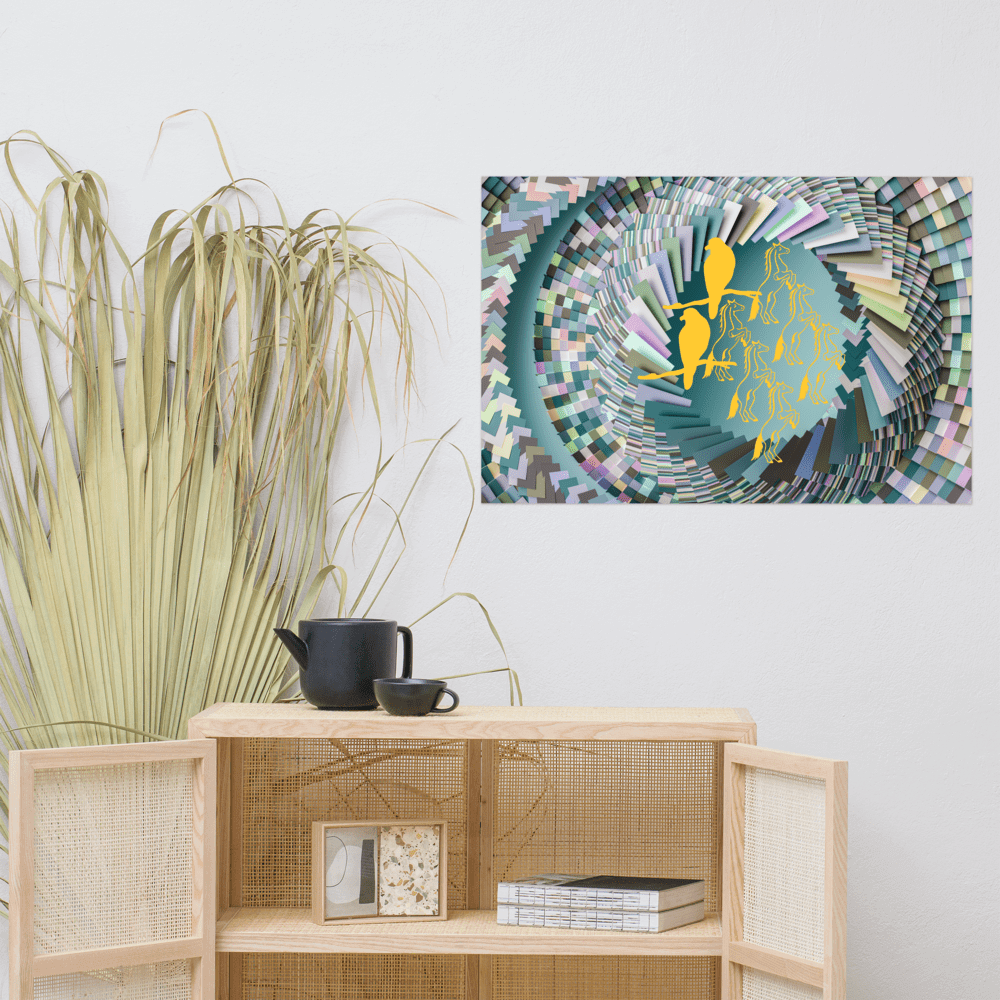 Decorative wall art above a wooden cabinet.