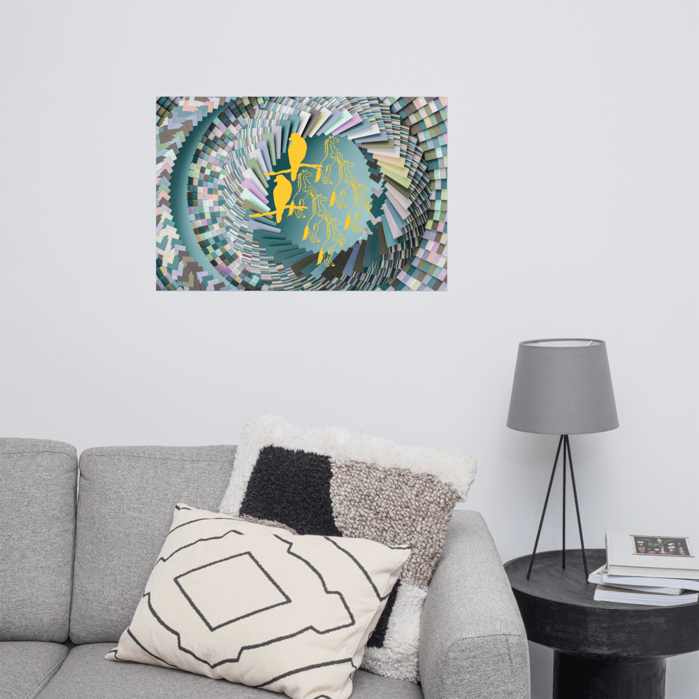 Modern living room with abstract wall art.