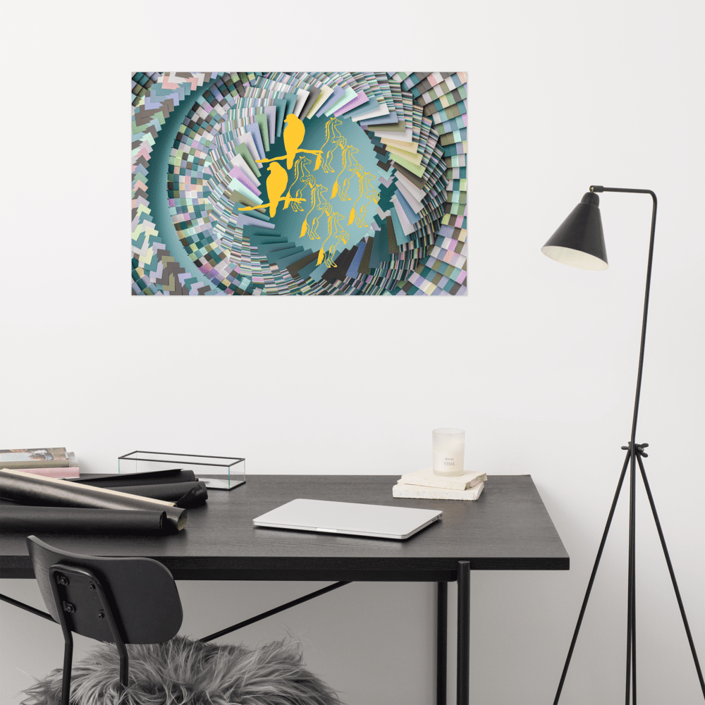 Desk with abstract art on wall.