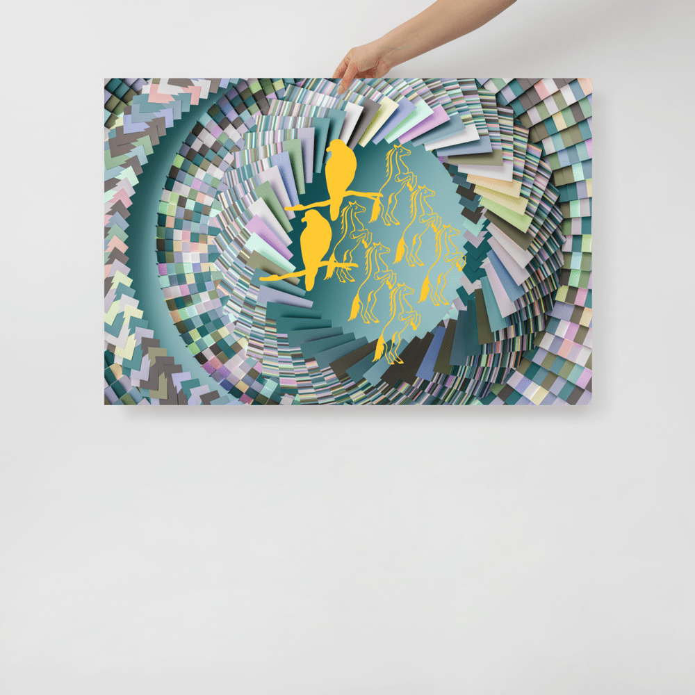 Abstract art with birds on a colorful spiral.