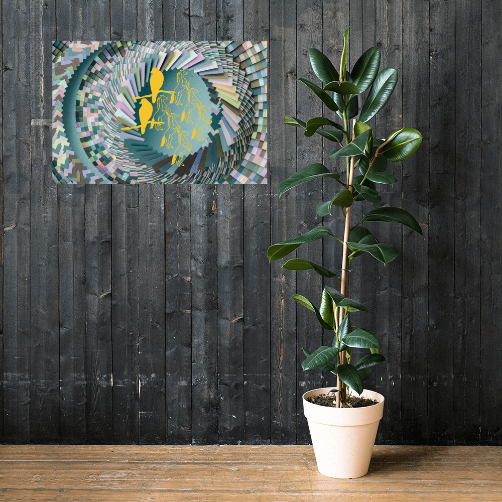 Plant beside abstract artwork on dark wall.