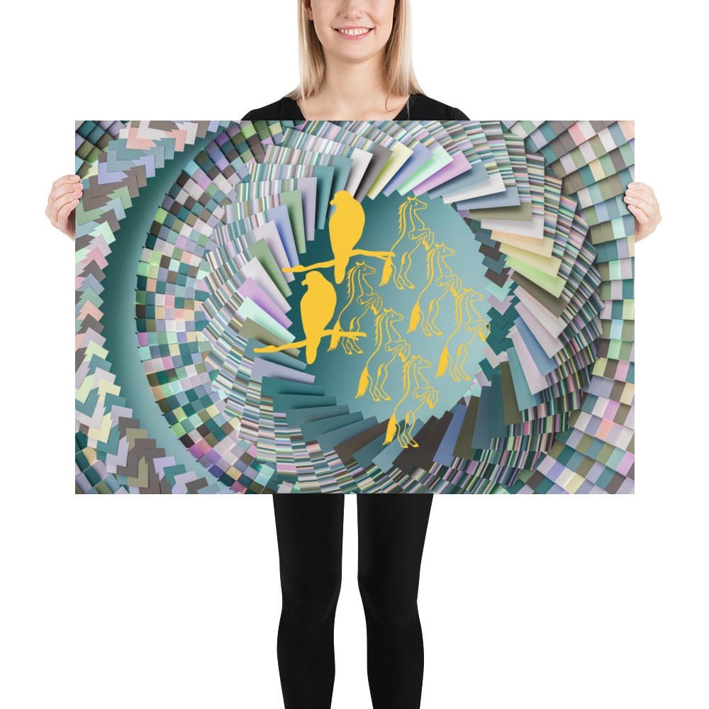 Woman holding colorful abstract art poster.