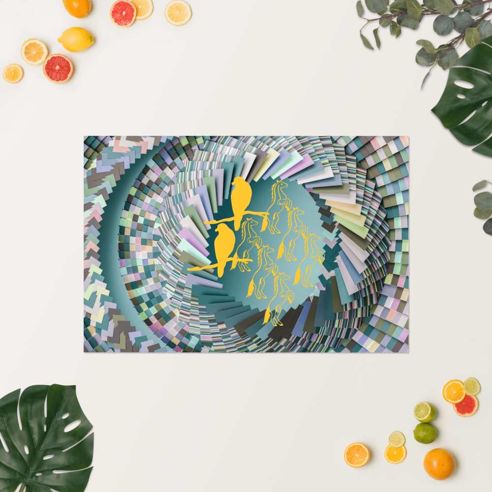 Abstract spiral with birds and leaves.