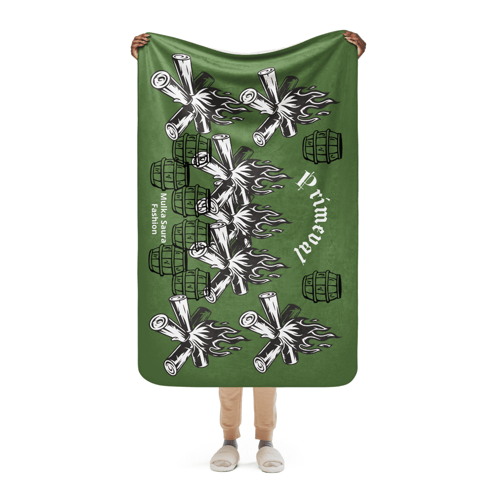 Green blanket featuring flaming logs and barrels