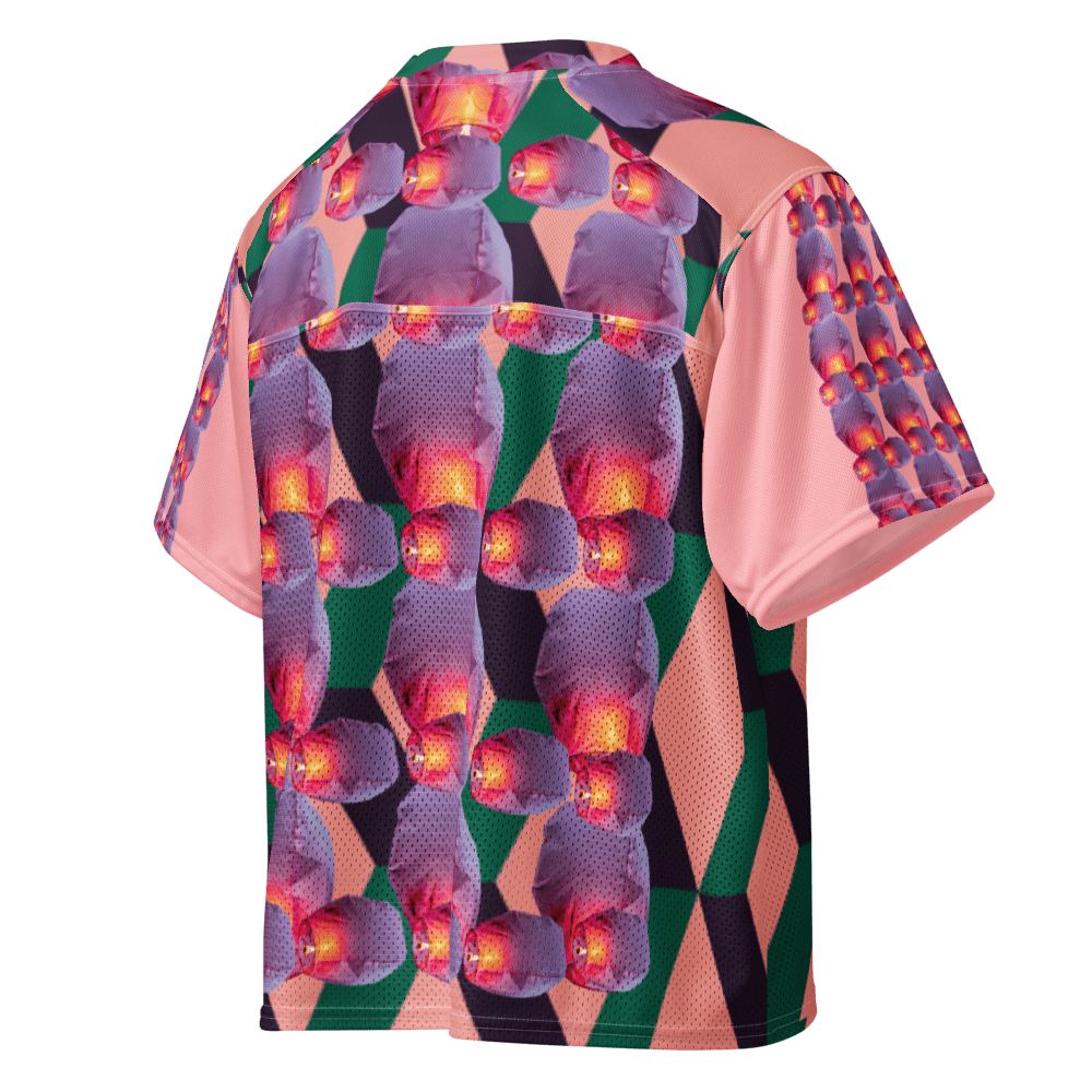 Back view of colorful patterned mesh T-shirt