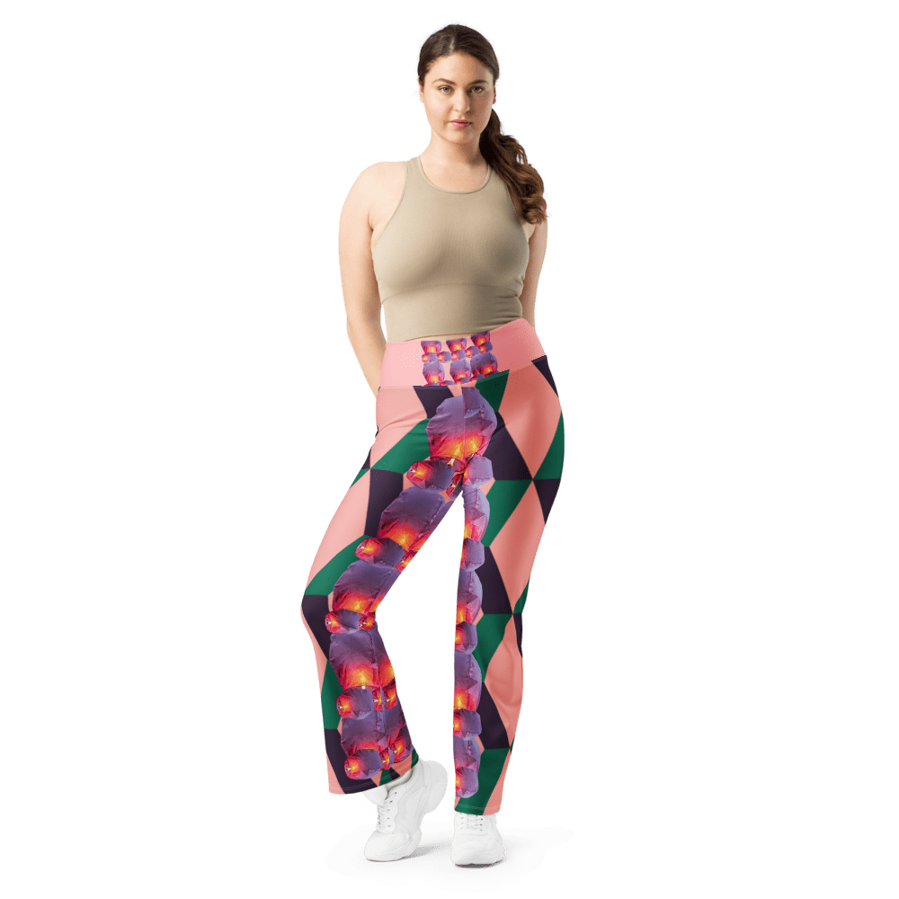 Woman wearing pink geometric floral leggings